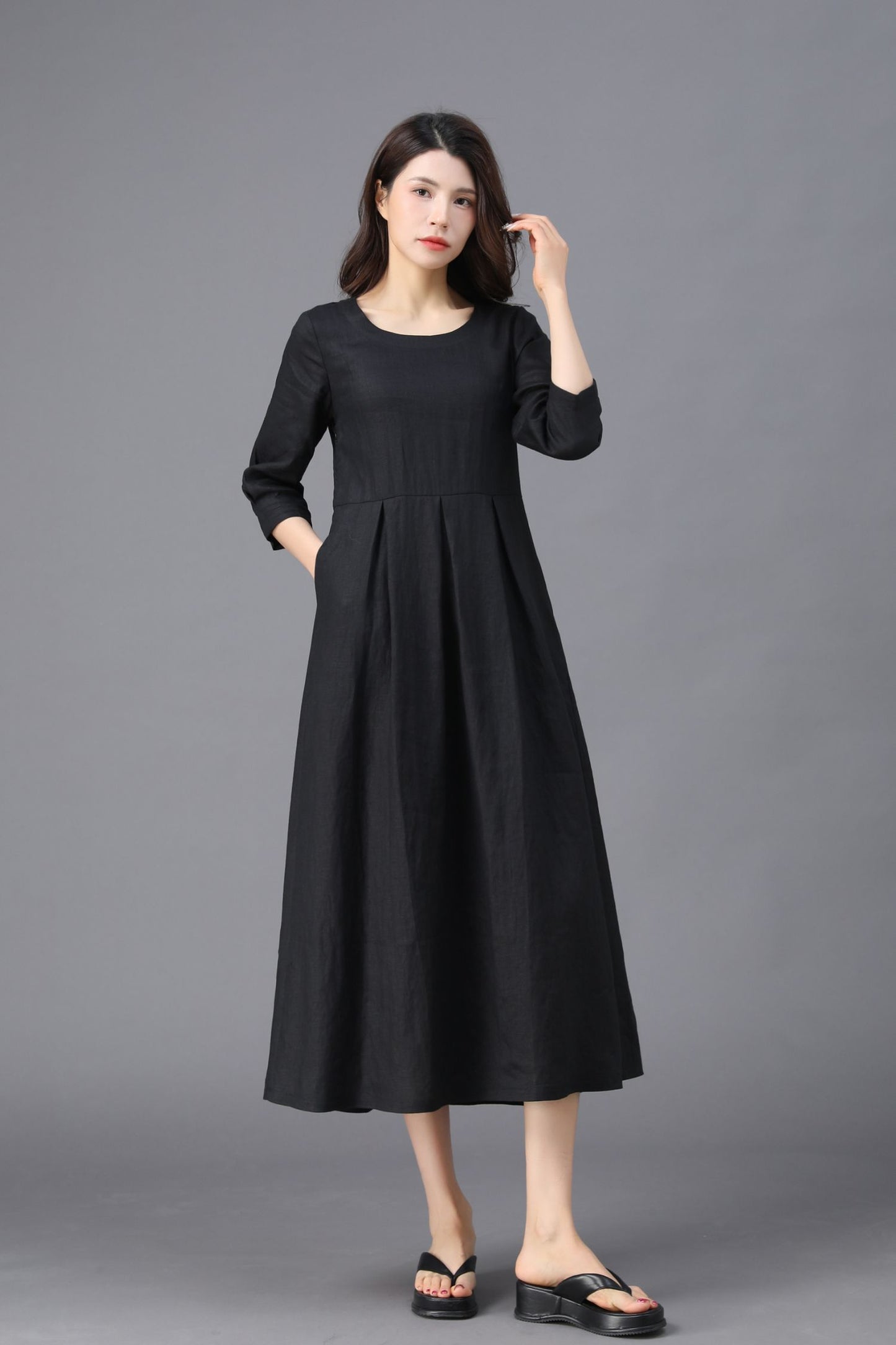 Women's Casual Belted  Black Linen Dress C3911