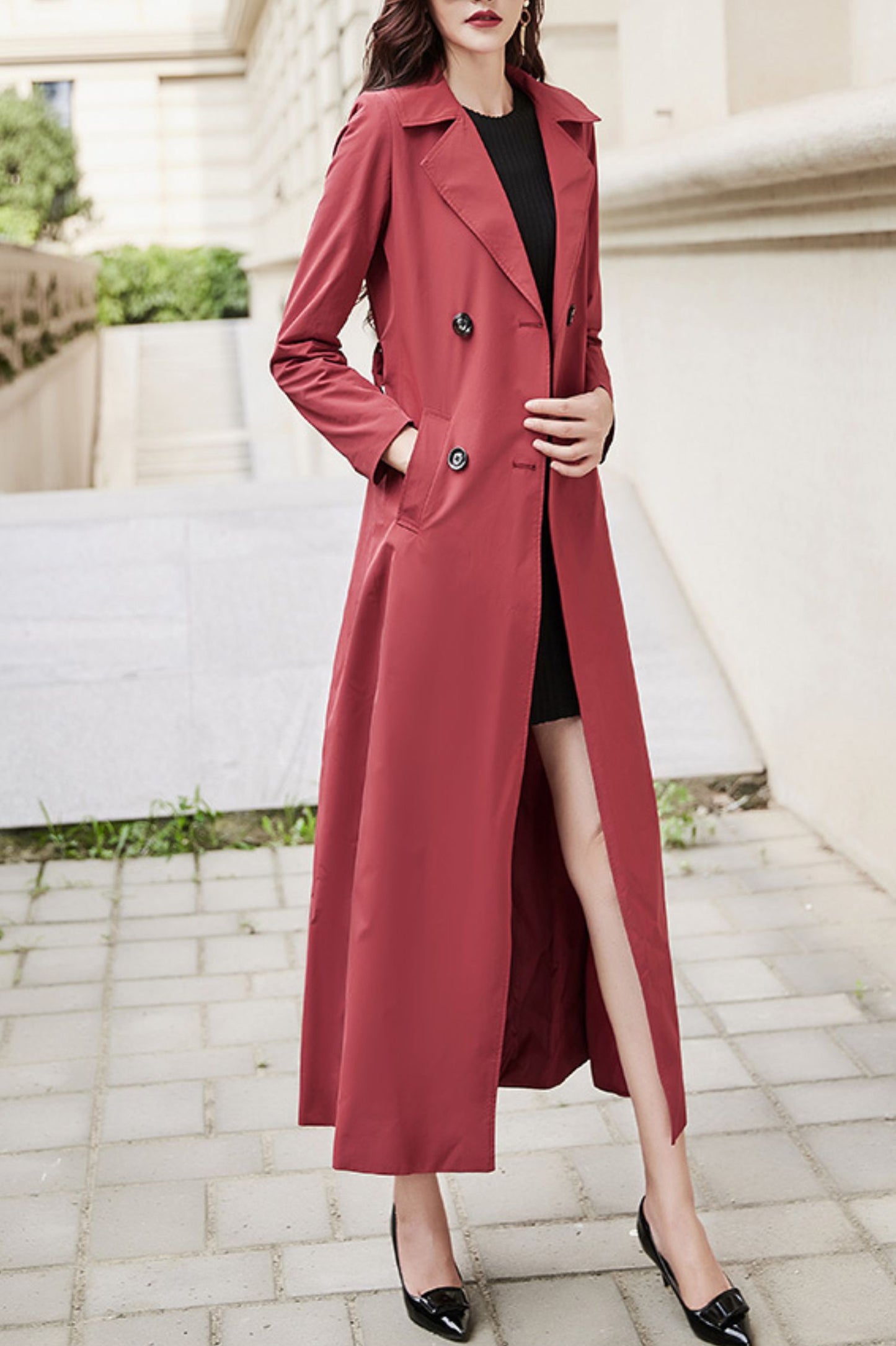 Burgundy women spring and autumn trench coat C4201