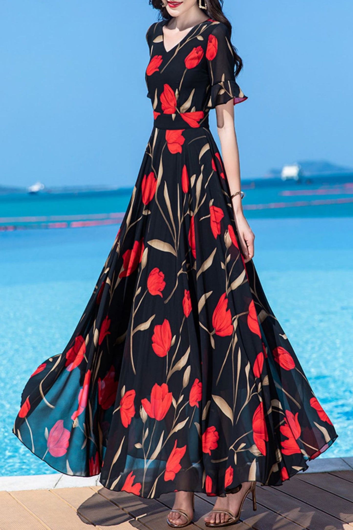 Floor-length summer new French long chiffon dress women C4031