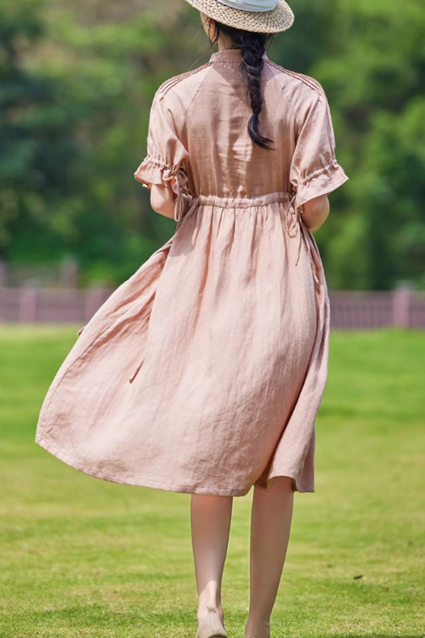 Pink drawstring waist summer linen dress C5059
