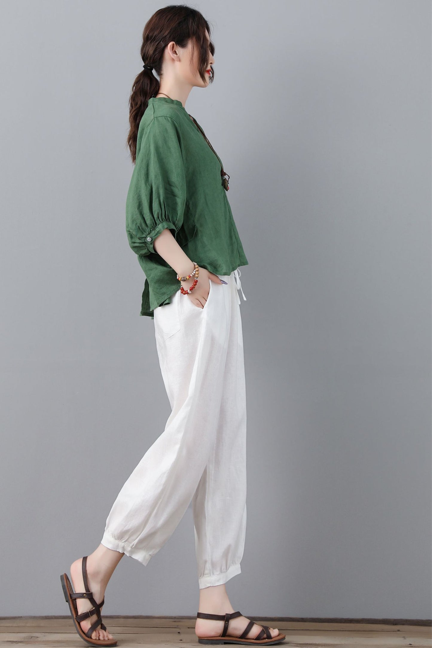 White Casual Cropped Elastic Waist Drawstring Linen Pants C2361