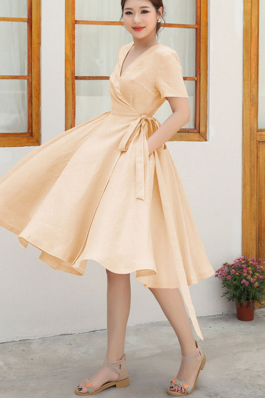Peach Linen Cotton Midi Wrap Dress - Flattering Belted Silhouette c4876