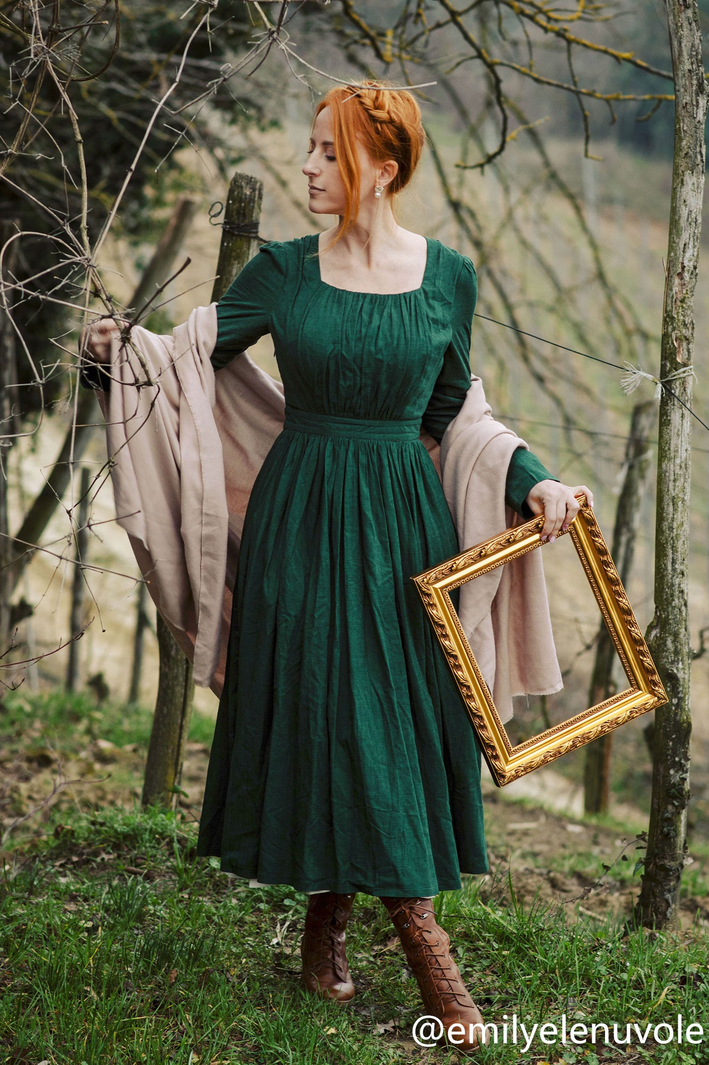 vintage inspired brown linen party dress C1776