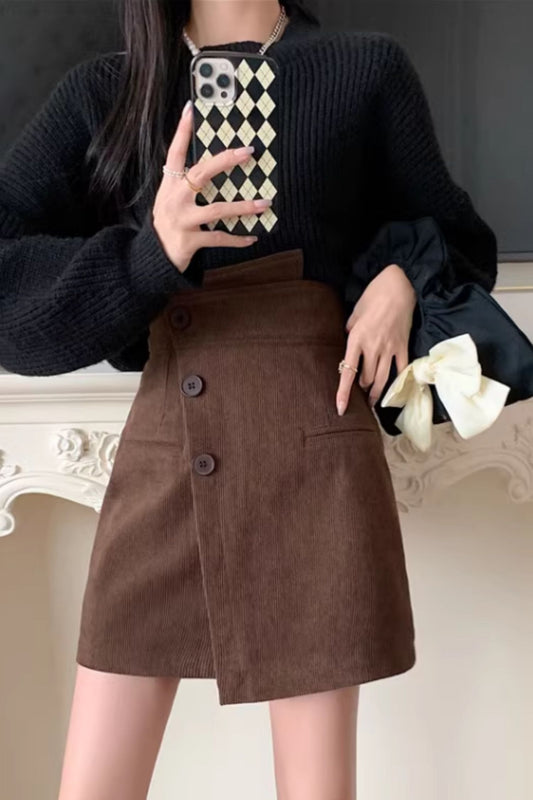 Brown Corduroy Mini Skirt - High Waist Asymmetric Button Detail c4635