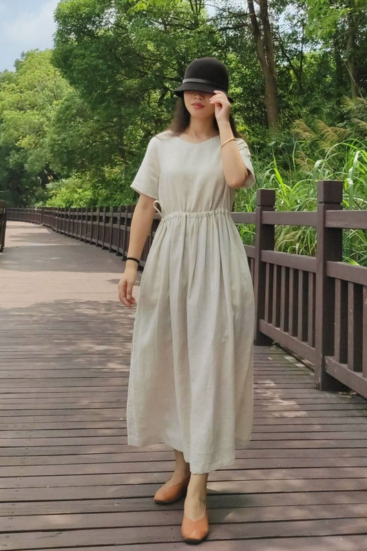 Beige Linen Dress - Short Sleeve, Loose Fit, Side Pockets C3886