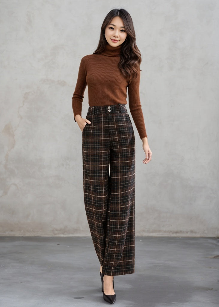 Wide leg Plaid Wool Pants C4461