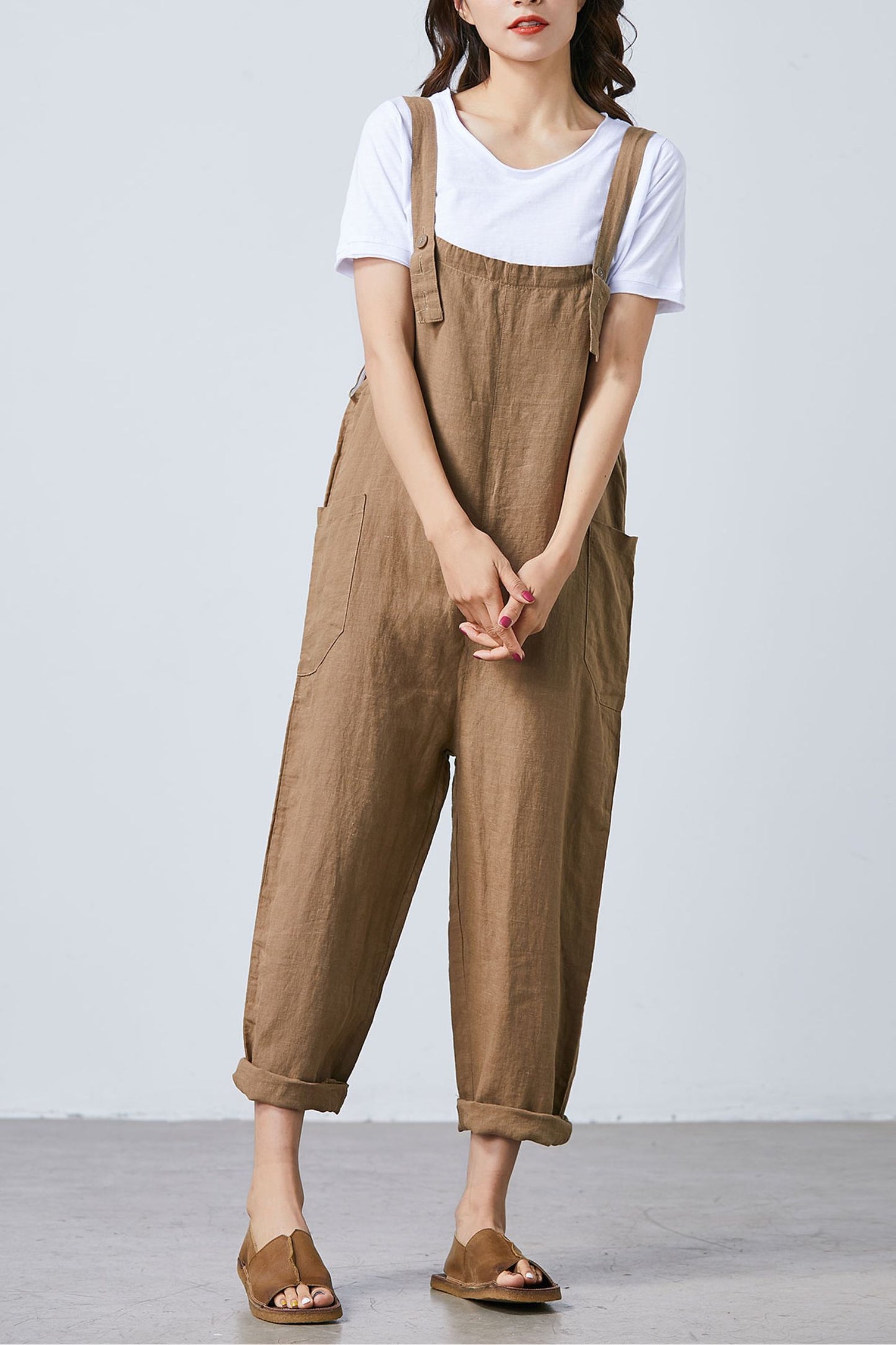 Summer brown casual adjustable linen overalls C1681