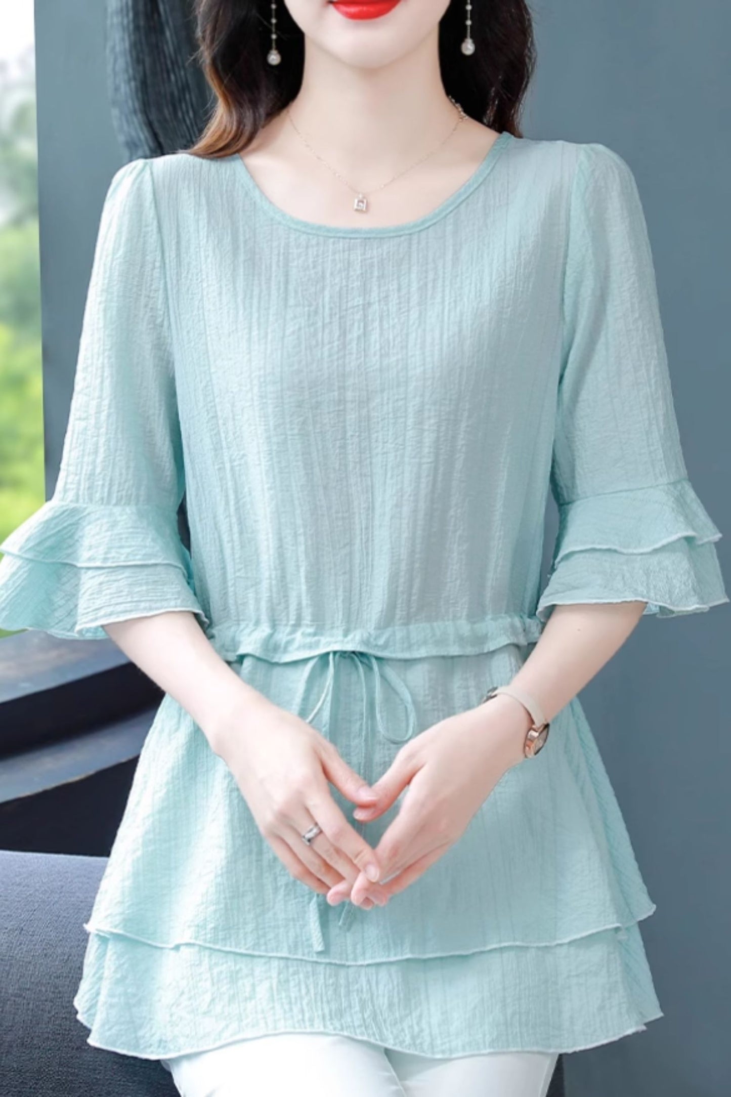 Summer chiffon blouse with drawstring waist C5057