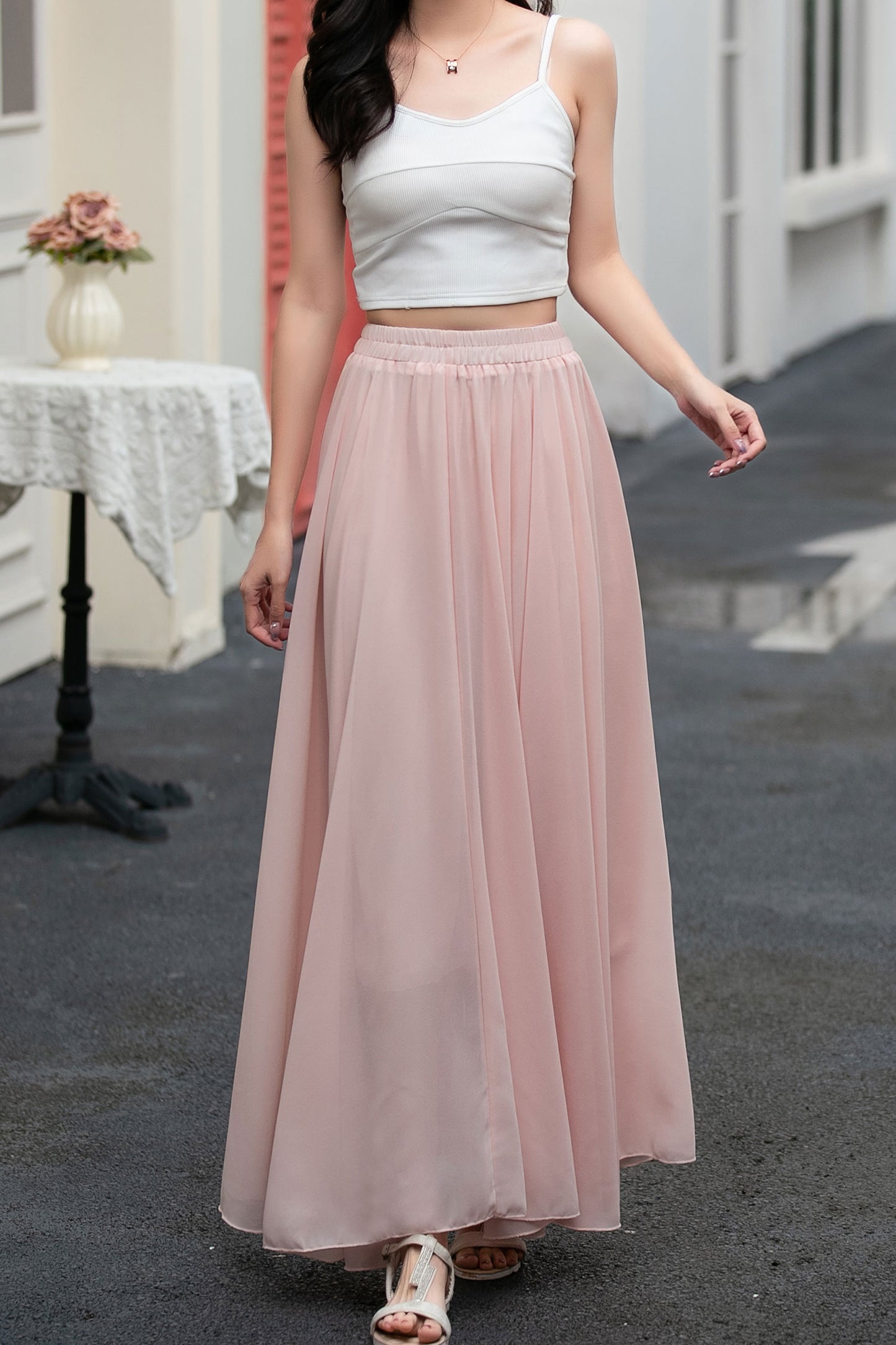 A line pink long chiffon skirt women C5034