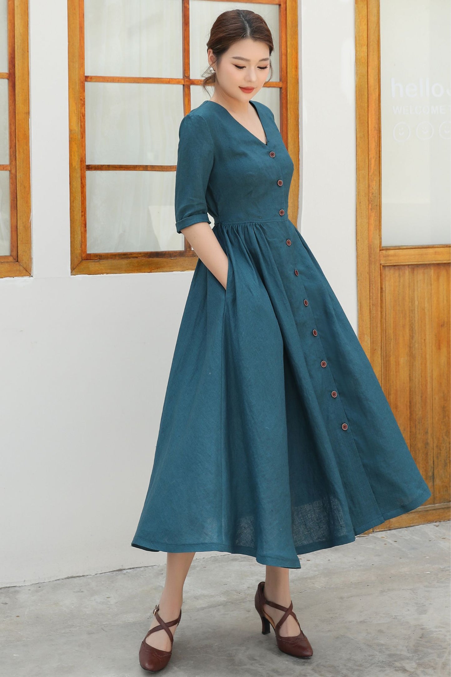 Button Front linen Midi dress c4839