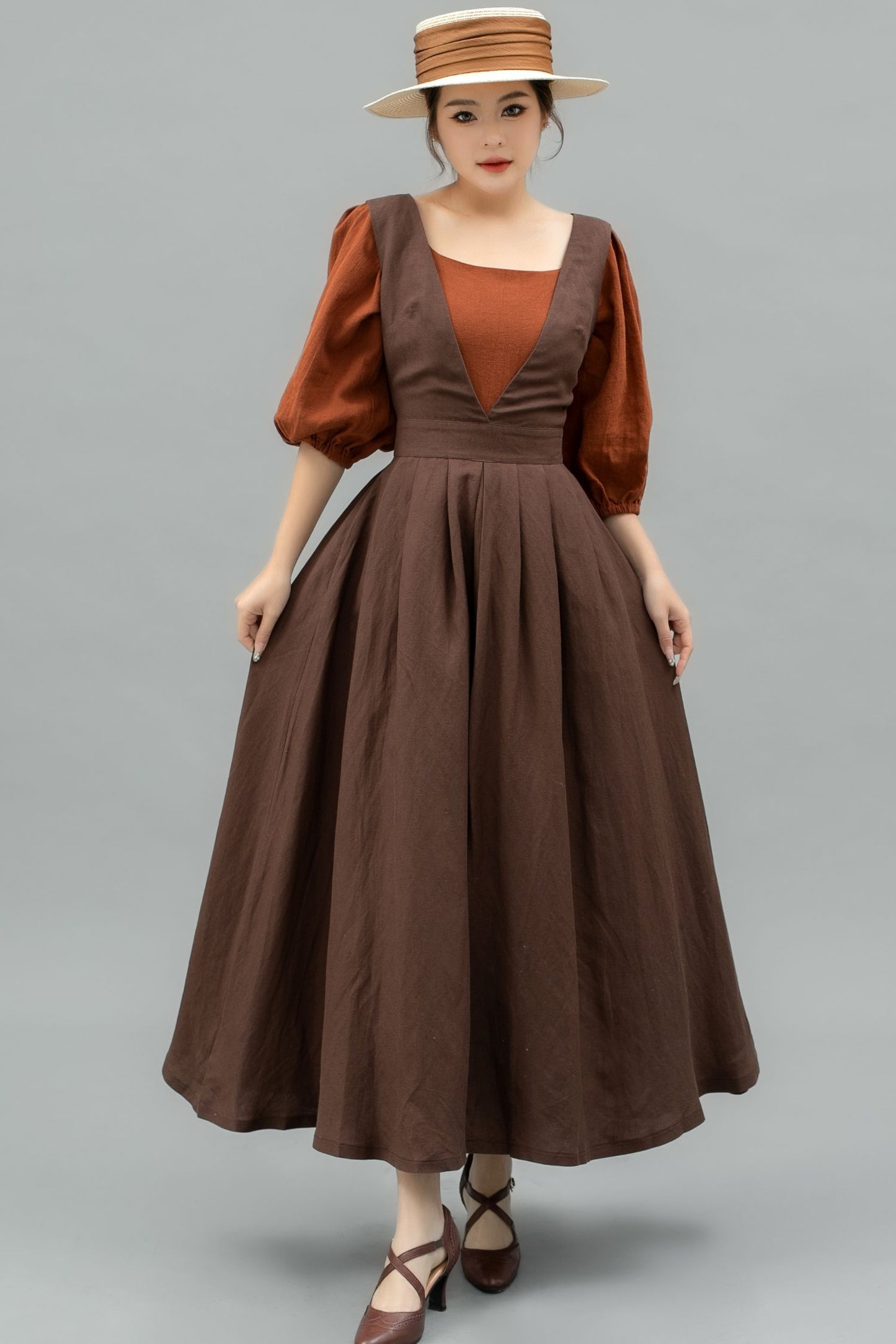 Long Linen pinafore dress C4749