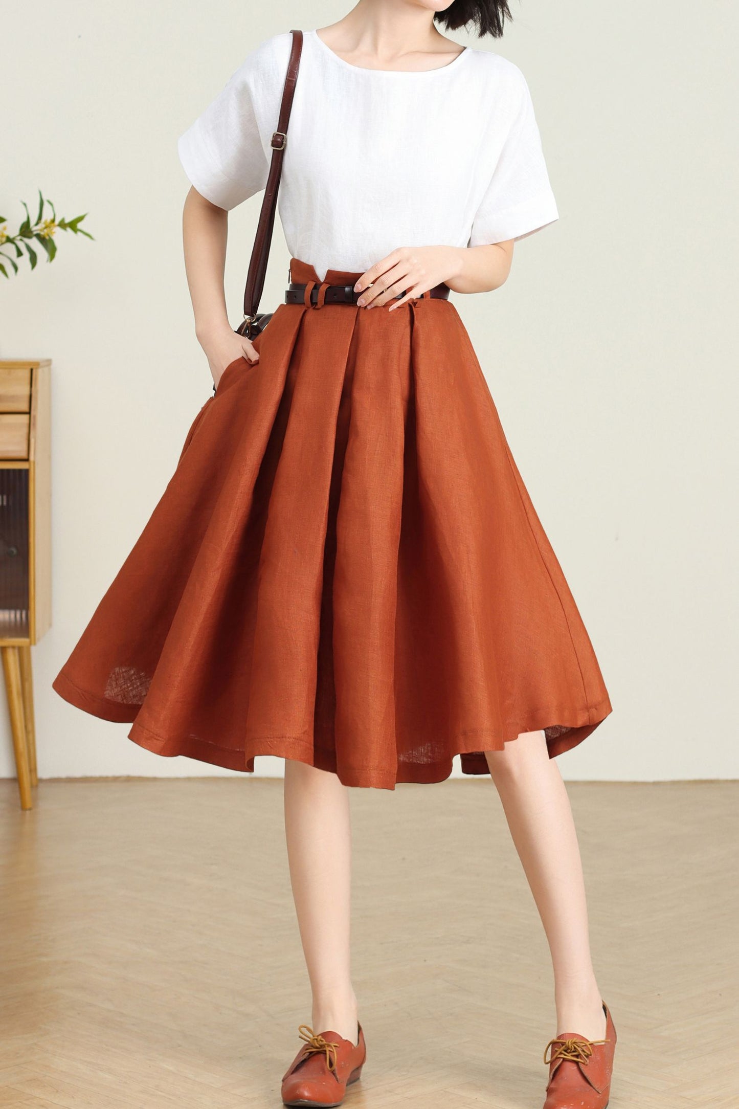 Orange Linen Skirt for Women C4732