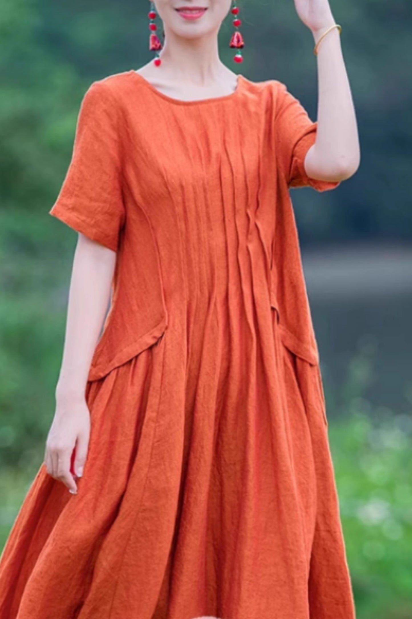 Midi length linen dress with pleating details C5060