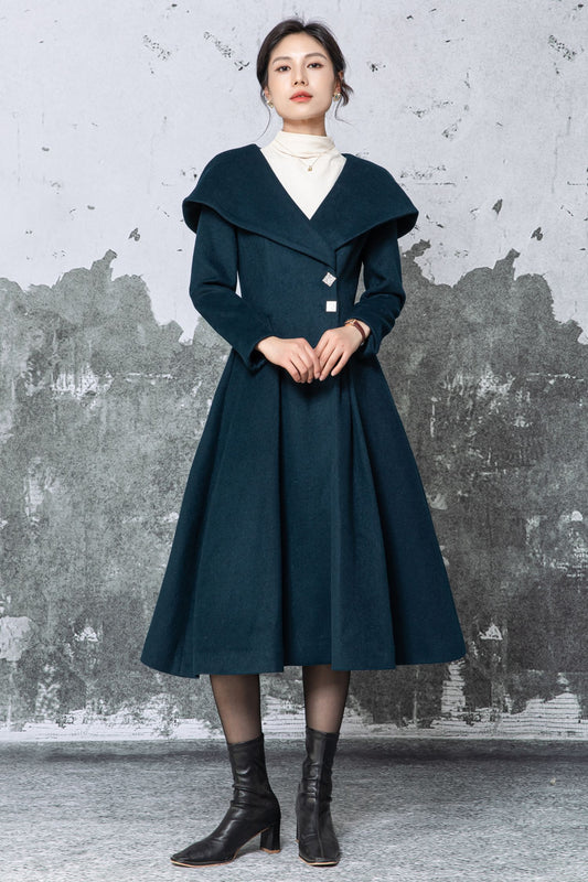 Dark Teal Wool Midi Coat: Large Lapel Tailored Fit & Flare Overcoat, Ylistyle C5480