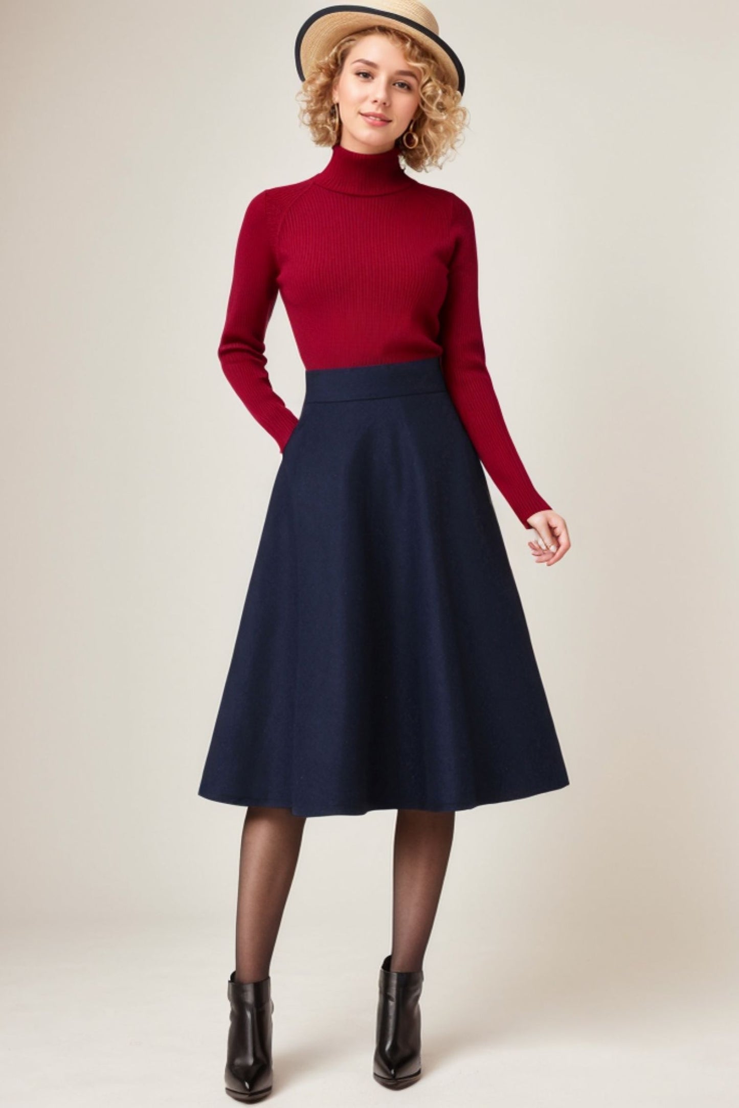 Dark Blue A Line Wool Skirt Women C4352