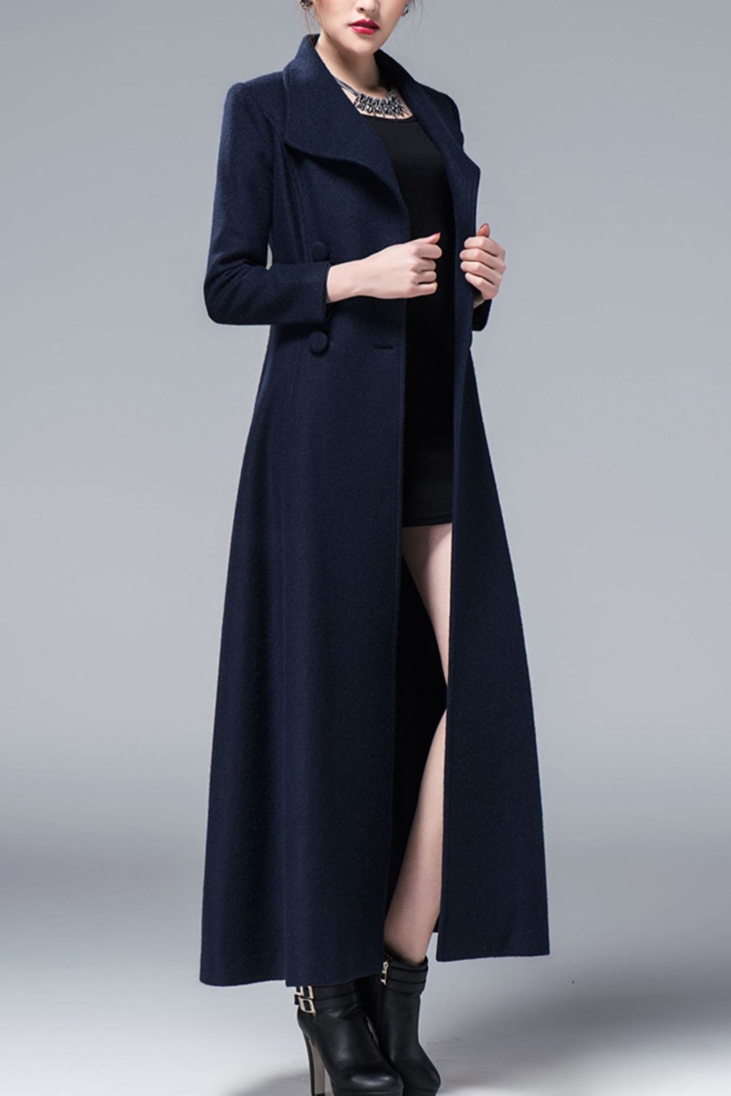 Women's Autumn and winter navy blue wool coat C4219