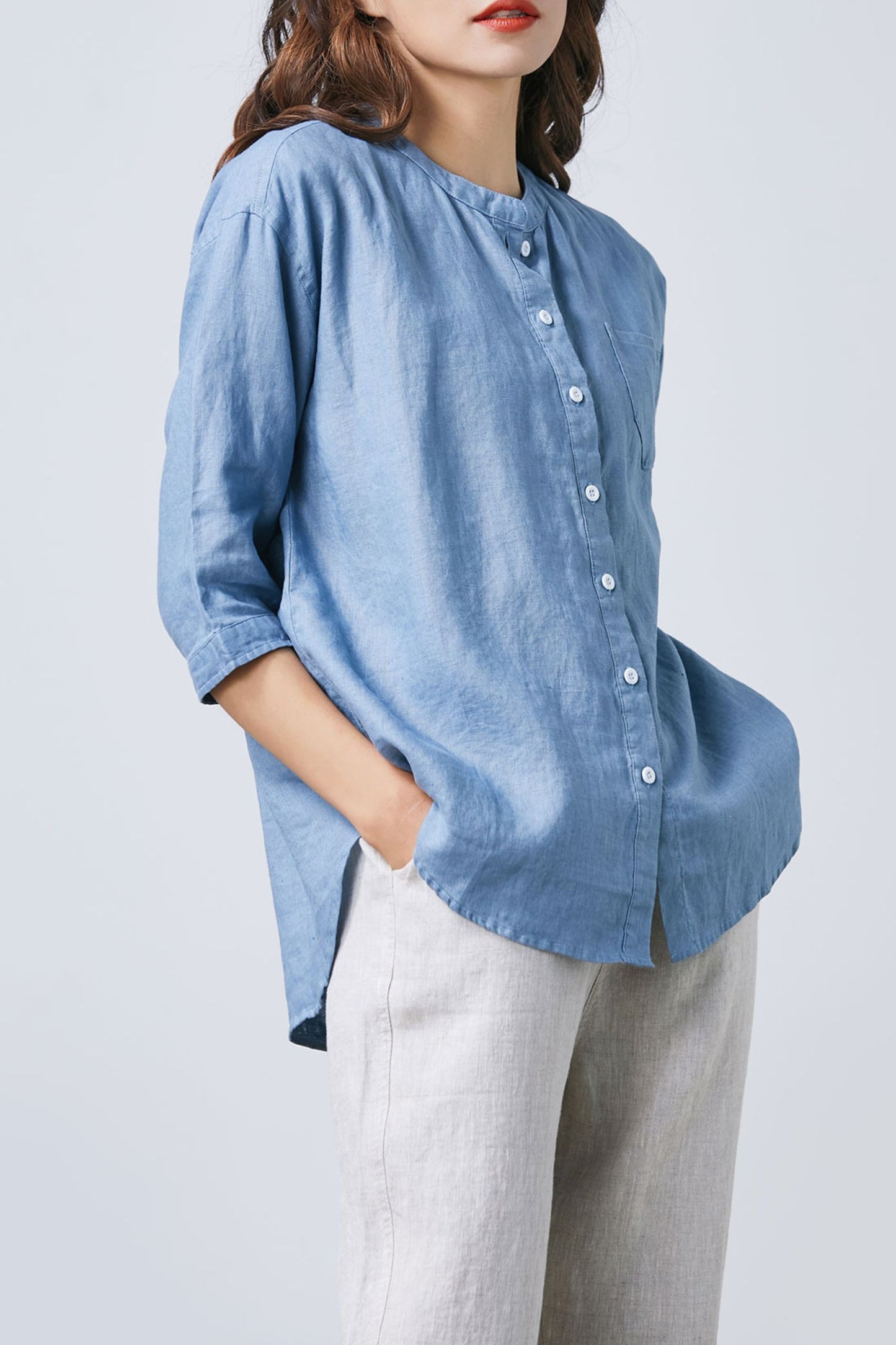 Blue Linen Button Up Shirt C1671