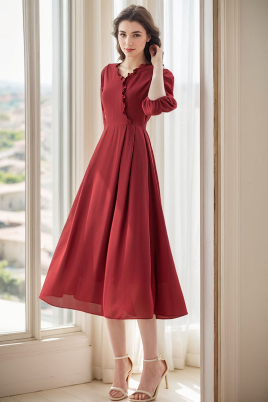Burgundy Polyester Midi Dress - Ruffle Trim V-Neck & Lantern Sleeves C4299