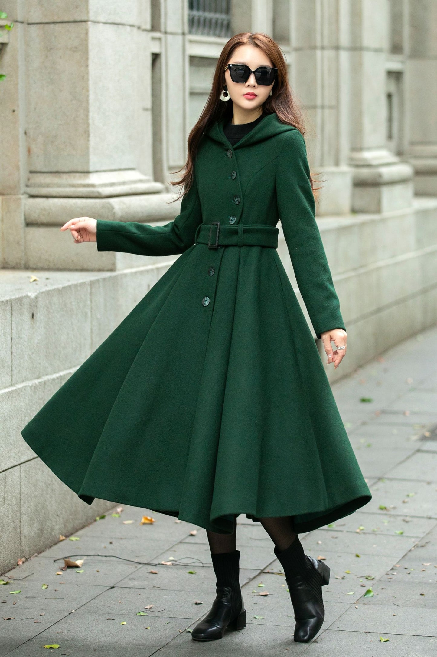 Swing green hooded wool coat C4503