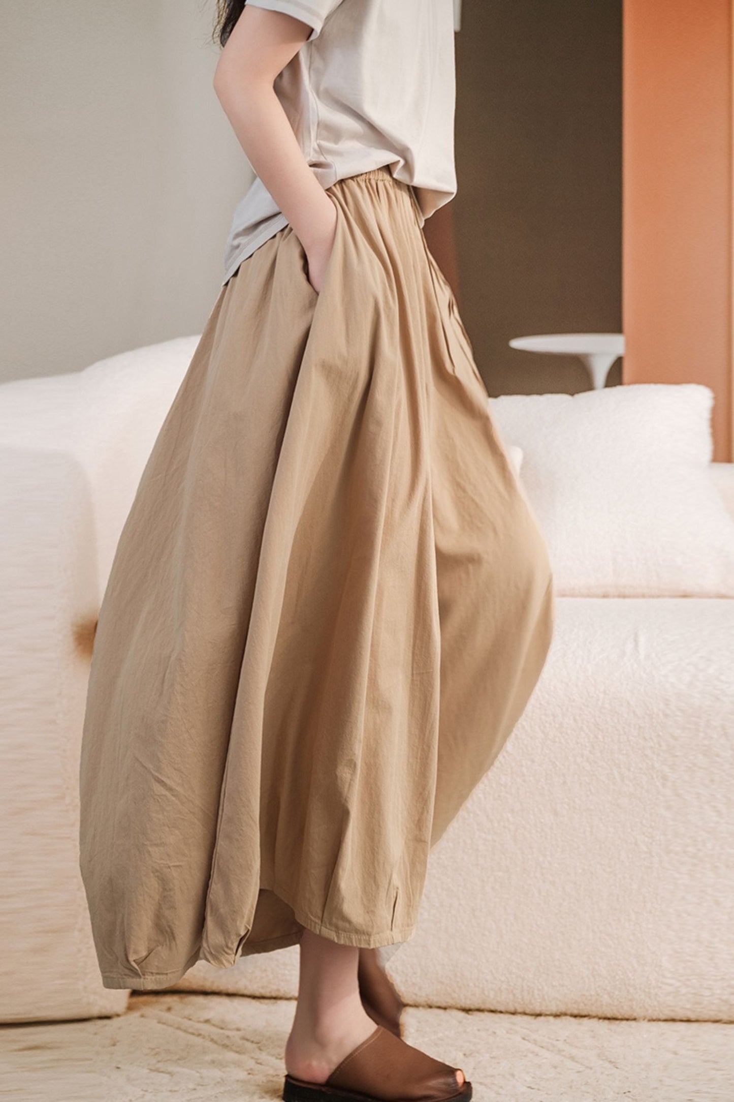 cotton pleat wide leg elastic waist women's pants TT0055