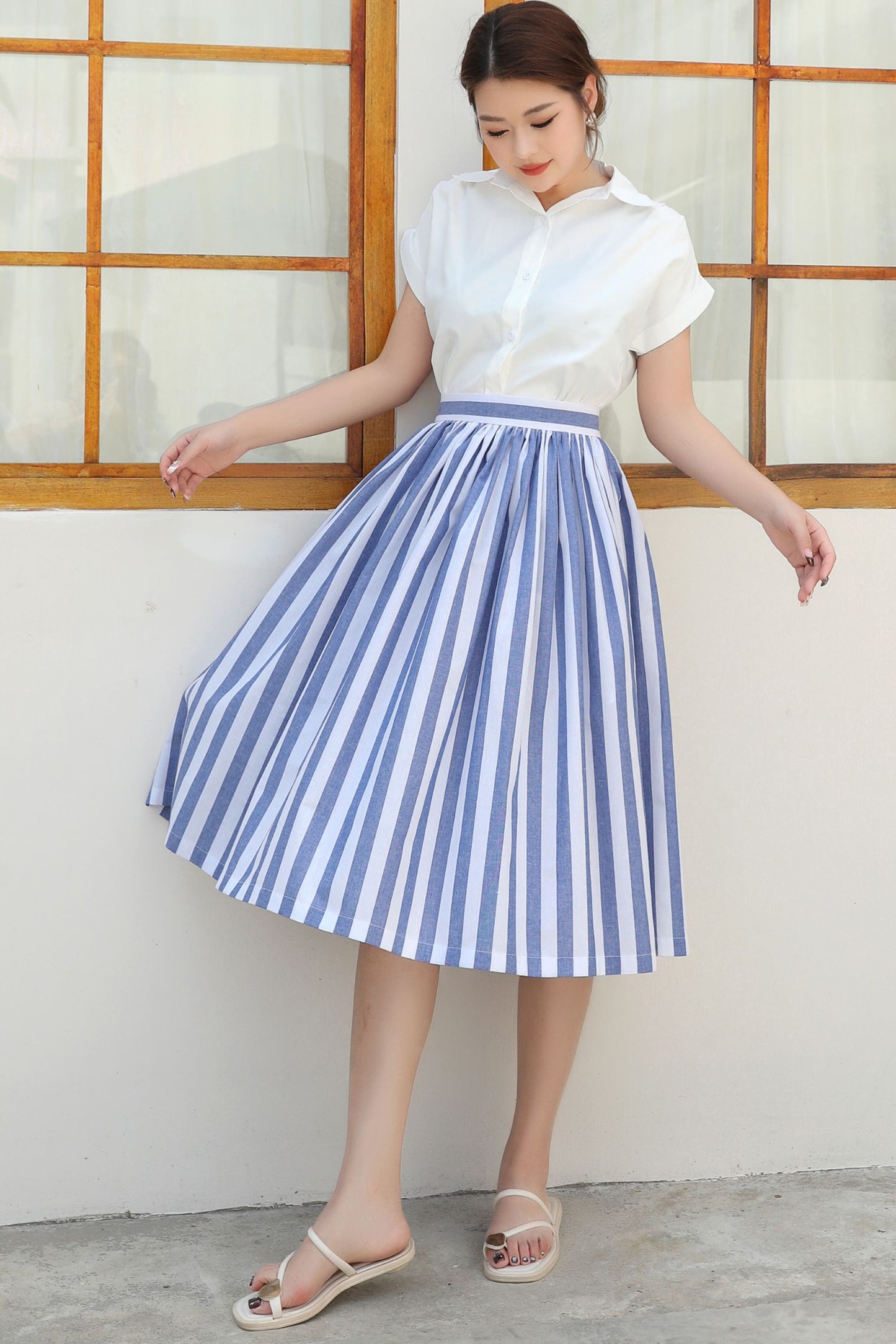 Striped linen Midi A-Line Skirt c4840
