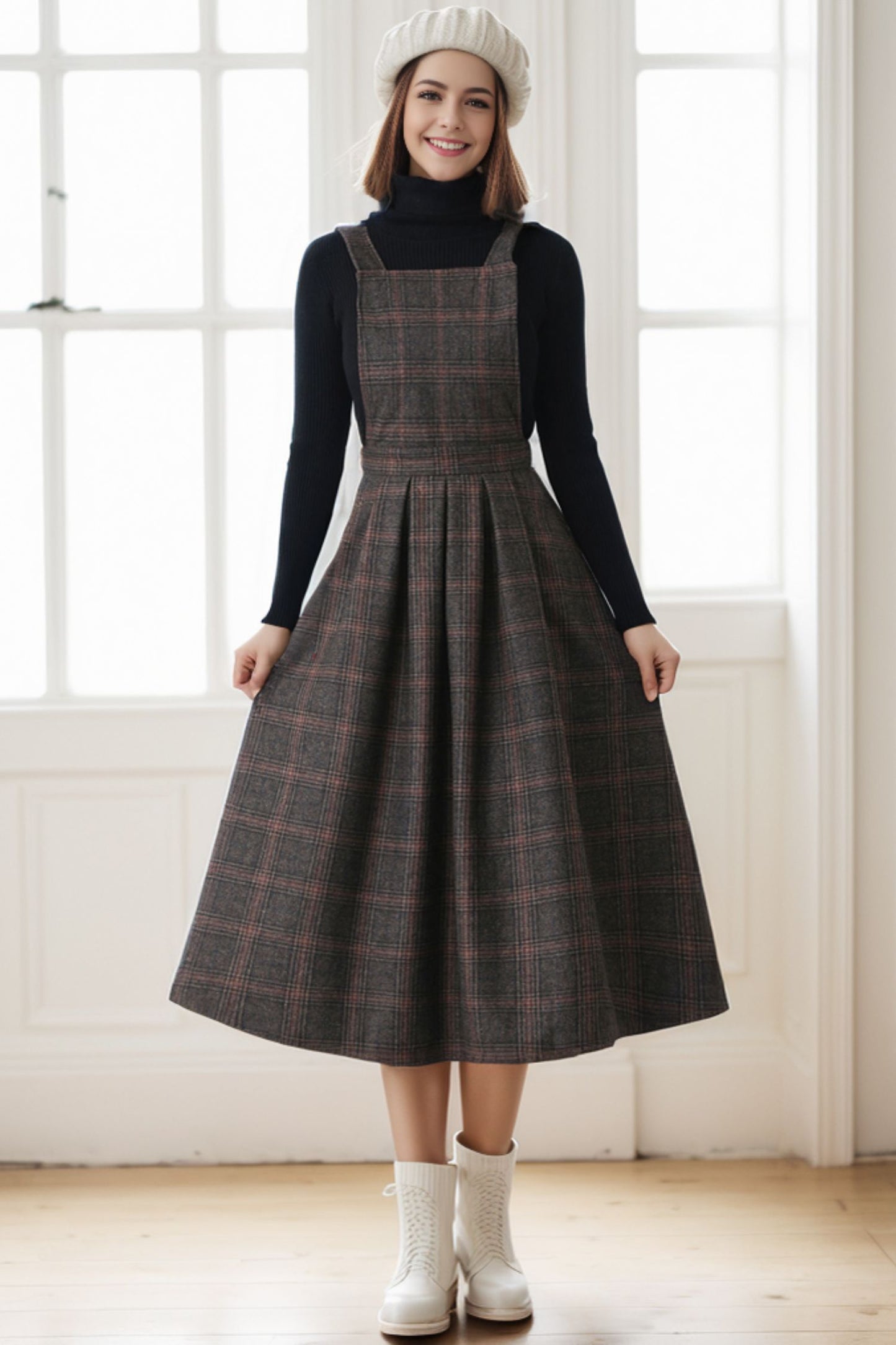 Plaid Wool Pinafore Pleated Winter dress C4271
