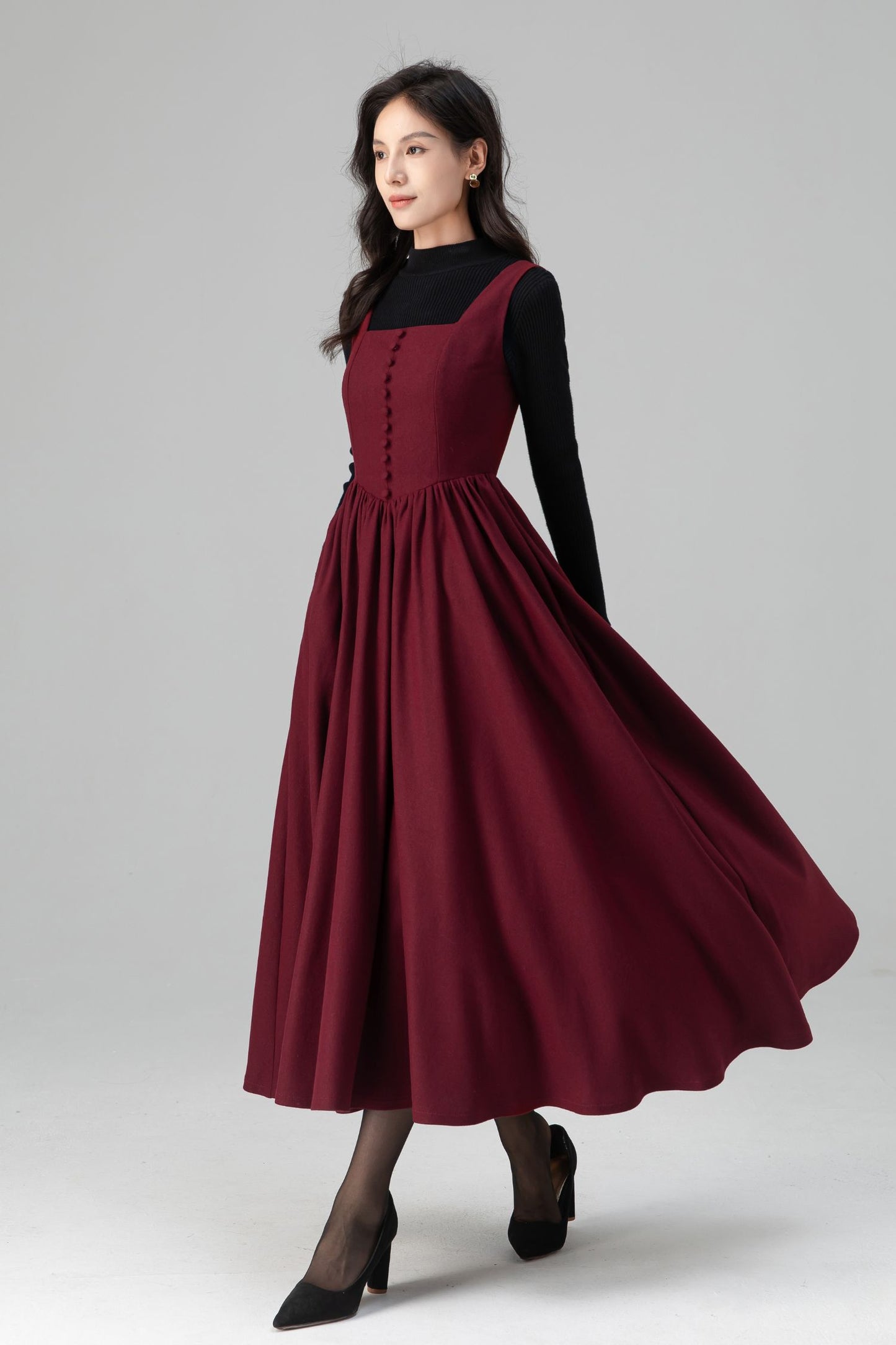 Square Neck Maxi Pinafore Wool Dress for Women C5201