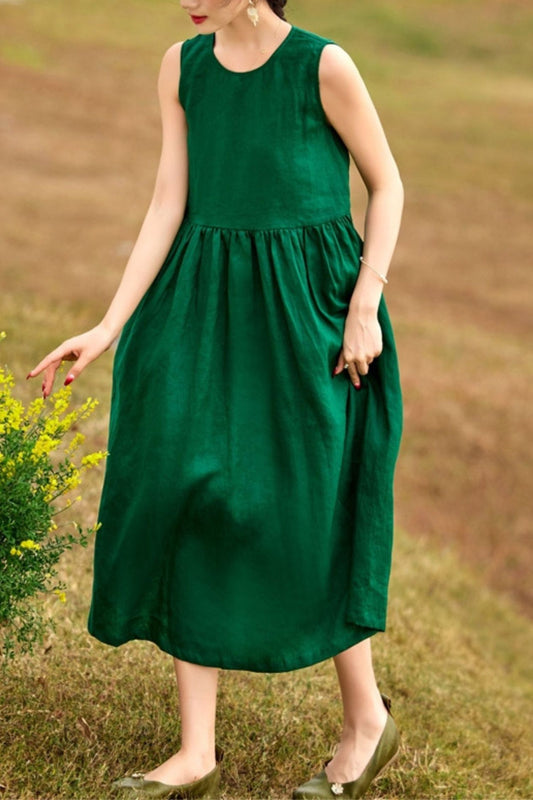 Cotton and linen  green loose sleeveless dress TT0029