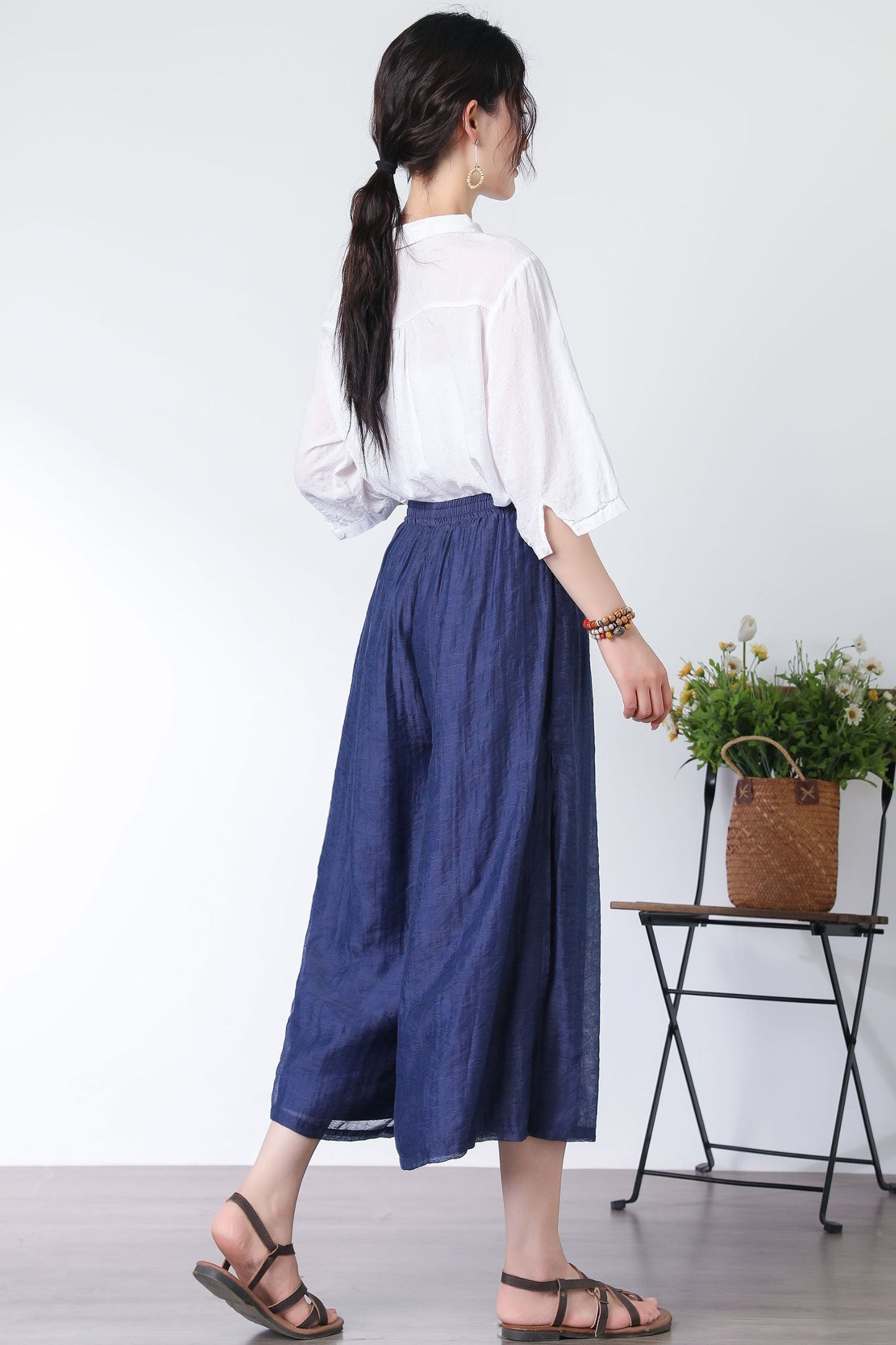Navy wide legs elastic waist pants C3330
