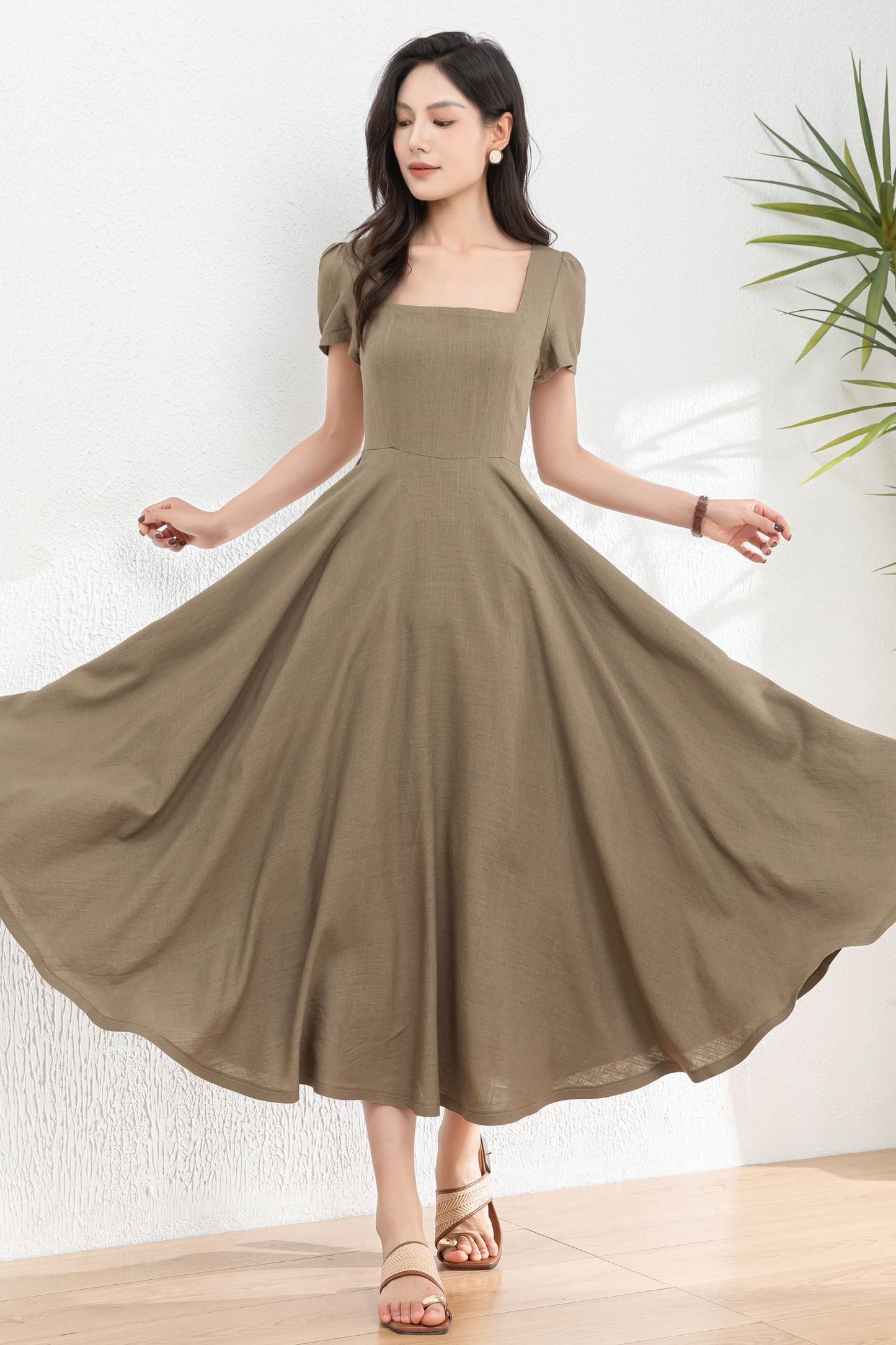 Womens Summer Green Linen Dress c4985