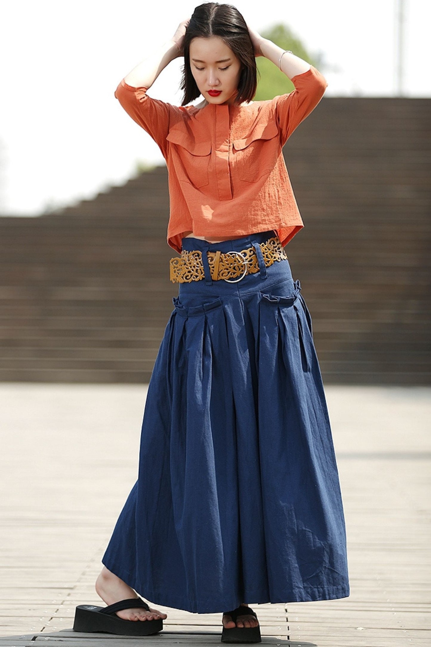 Blue Linen Maxi Summer Skirt with Deep Waistband & Pockets C364