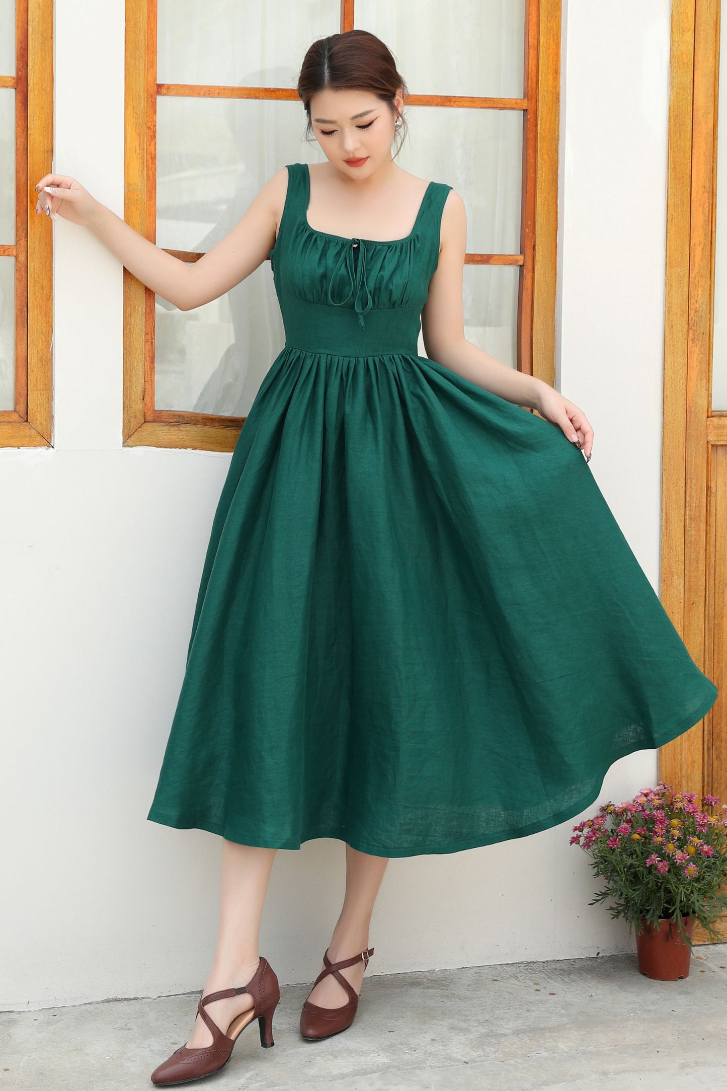 Flattering High-Waisted Green Linen Pinafore Dress c4838
