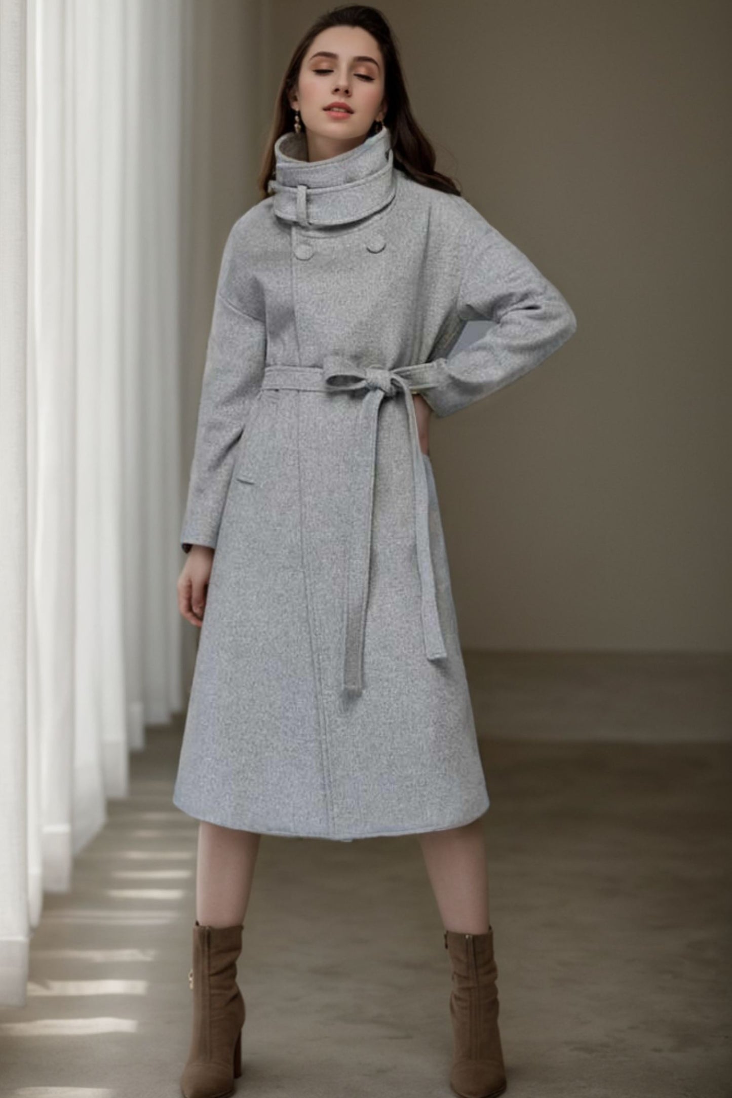 Midi wool gray trench belt coat C4274