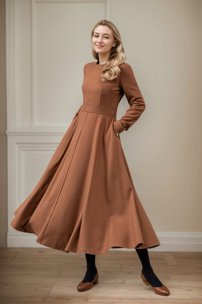 Fit and Flare Long Winter Wool Dress C4447 Brown / L Fit and Flare Long Winter Wool Dress C4447 Brown / L
