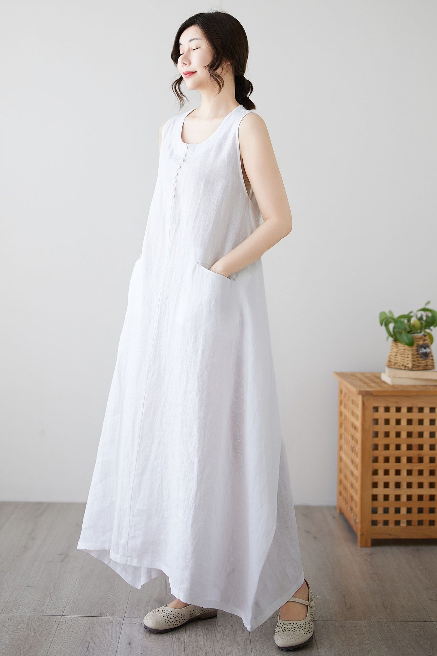 Women's Summer White Long Linen dress c4897