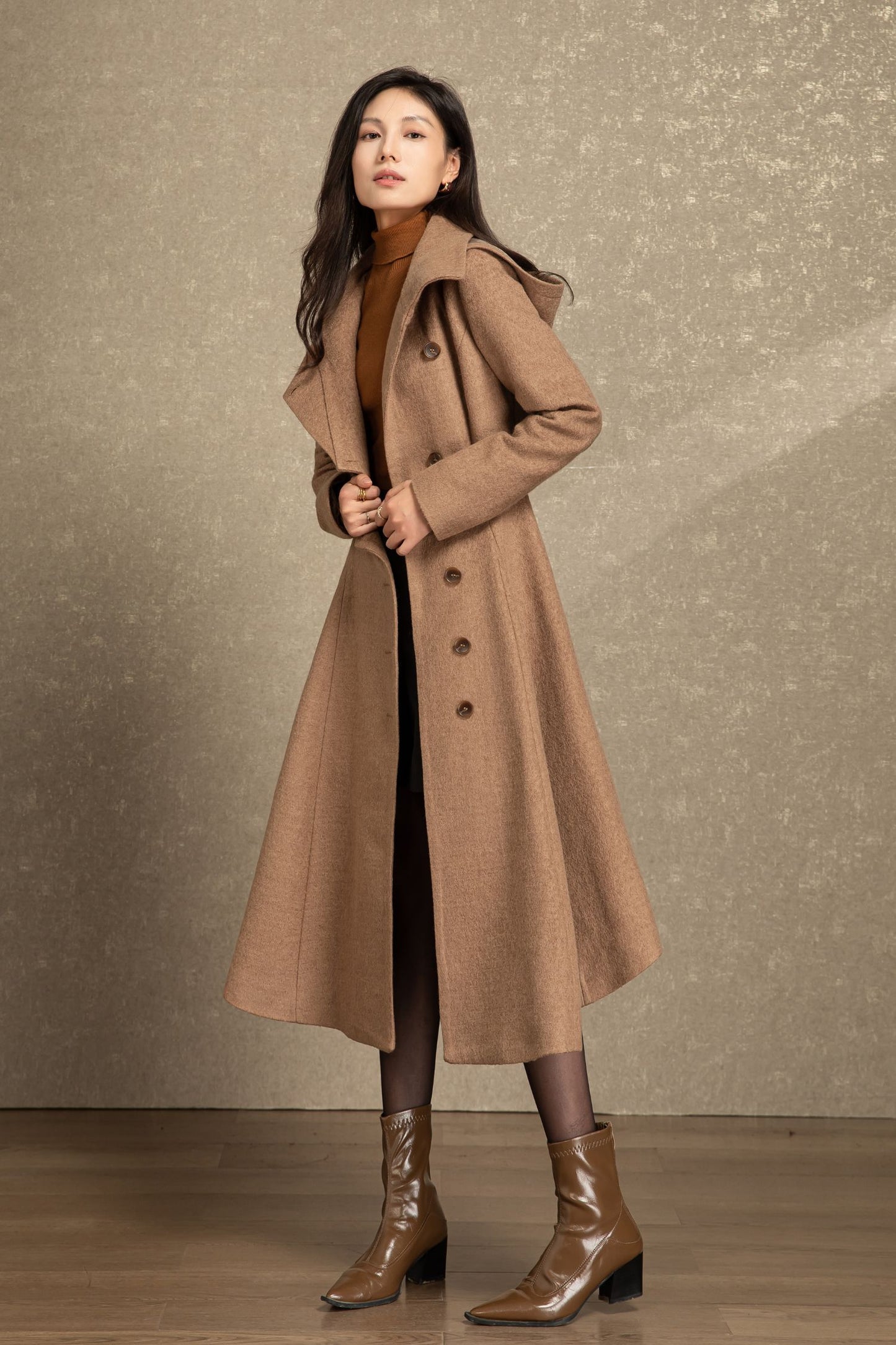 Handmade hooded maxi wool coat C4493