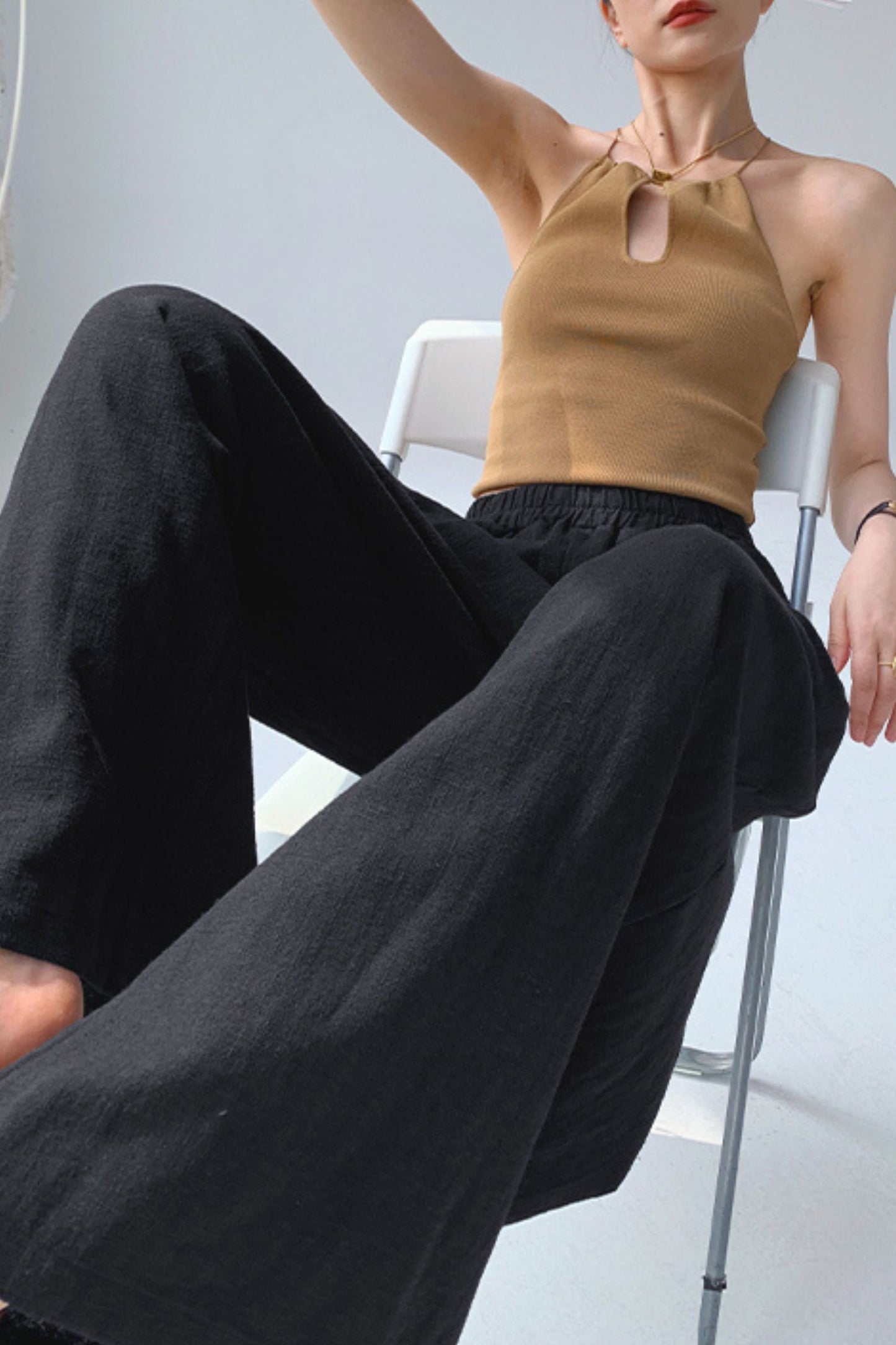 Elastic waist wide leg linen pants L0606