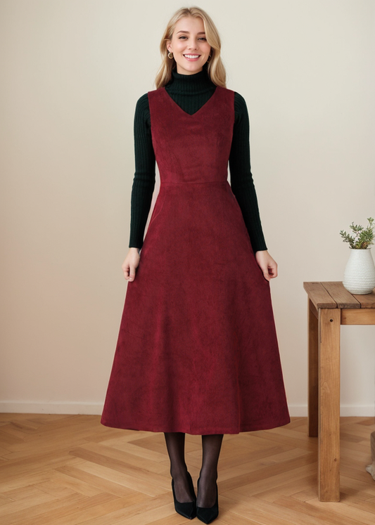 Red Corduroy Maxi Pinafore Dress - Fitted Silhouette with V Neck c4358