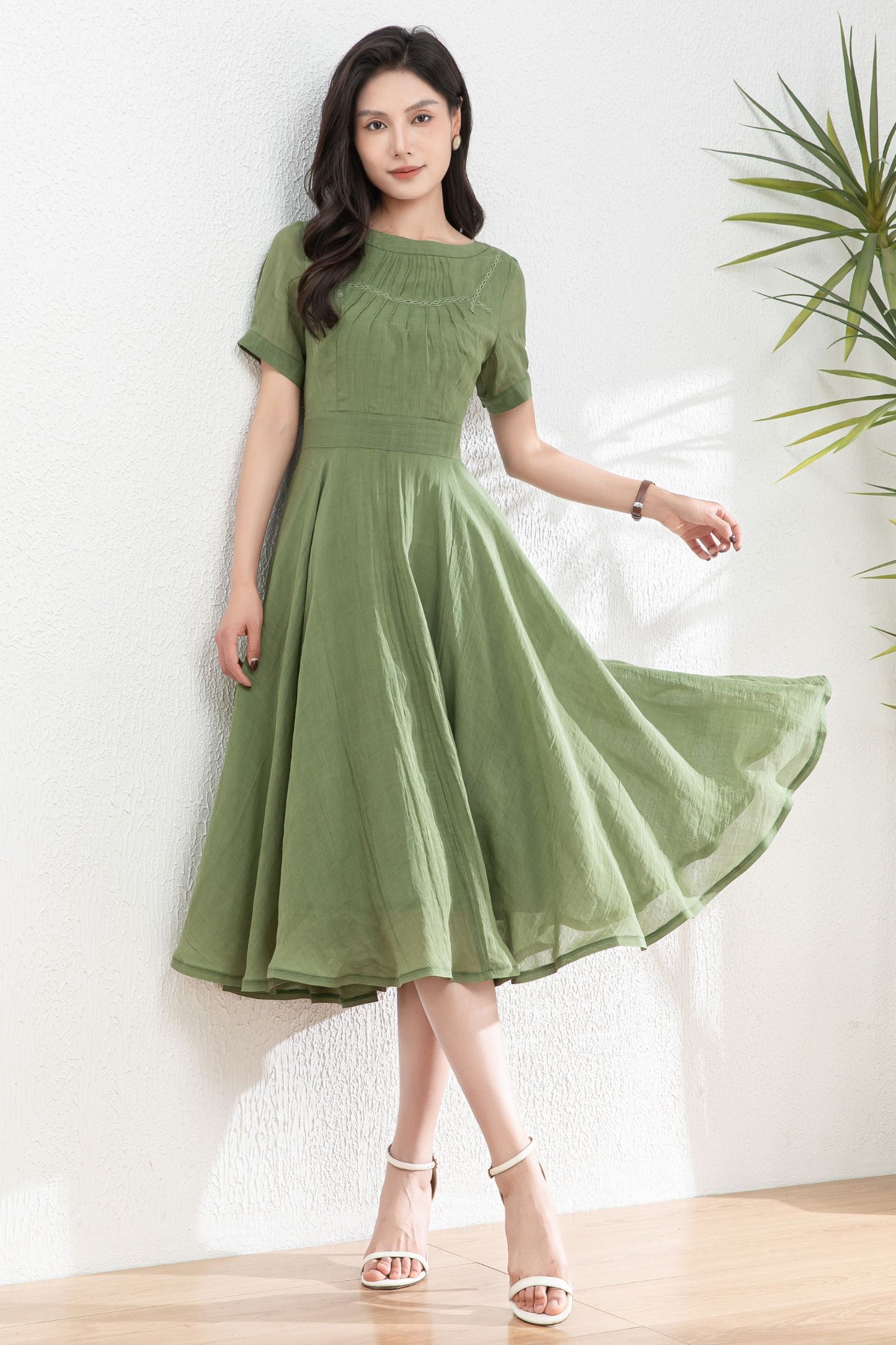 Green Women's swing Linen dress c4982