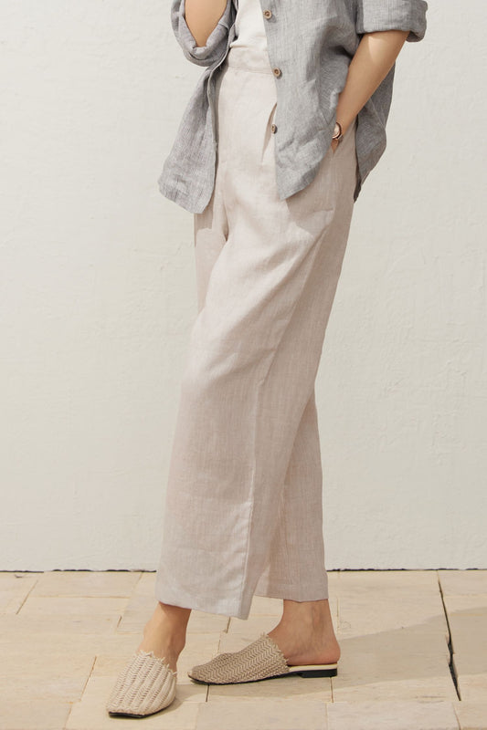 Beige Linen Pants - Loose Fit Straight Leg with Side Pockets C3938
