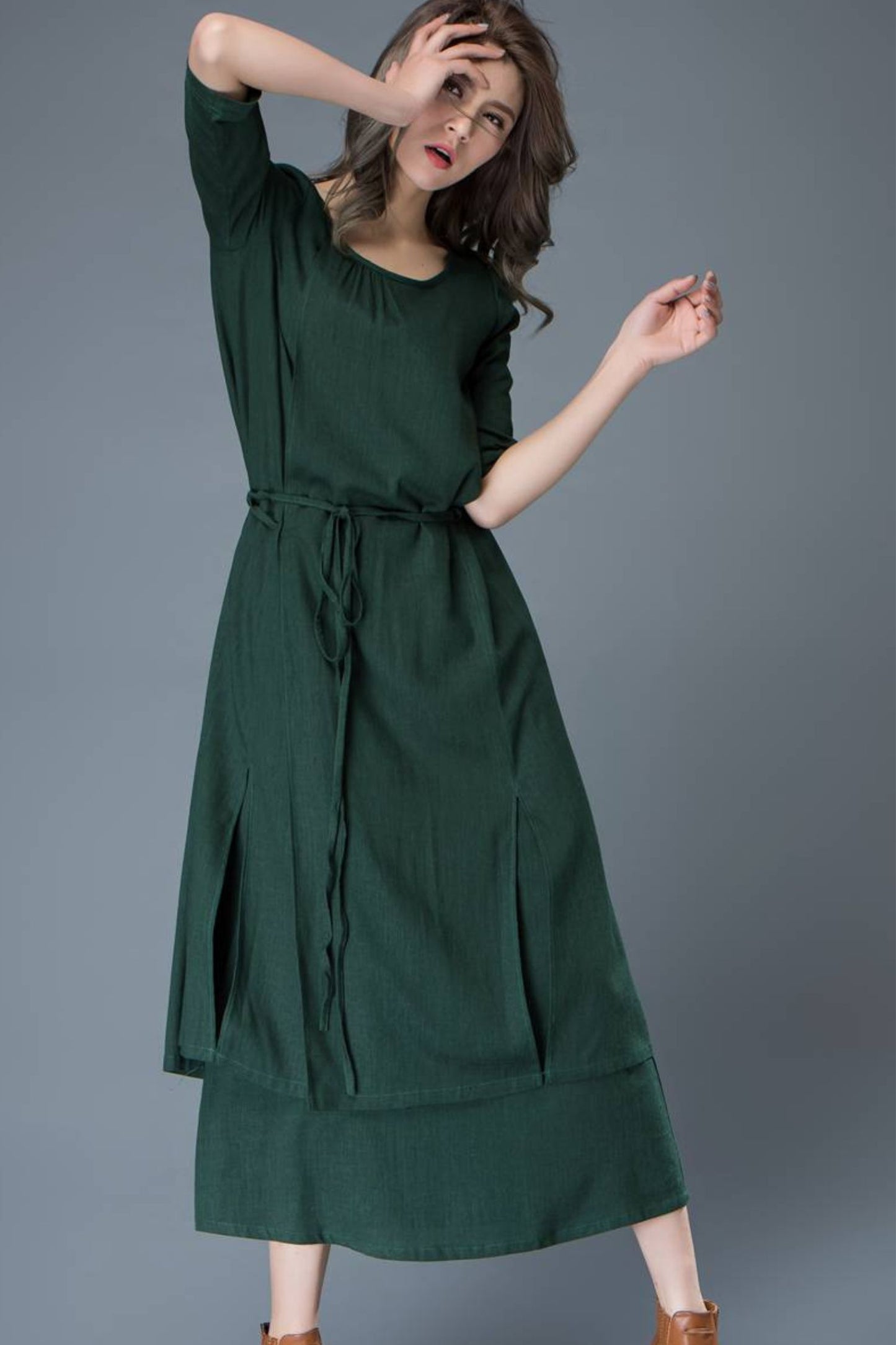 Emerald Green Loose-Fitted Layered Long Length Woman's Dress with Half Sleeves C806