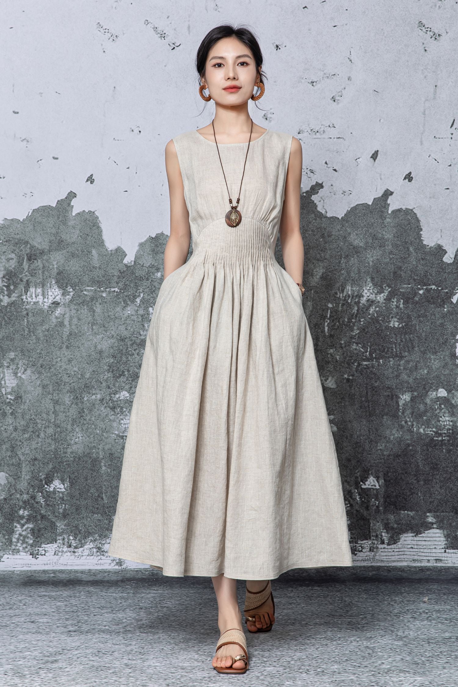 linen smocked maxi dress SALINA smocked waist linen dress