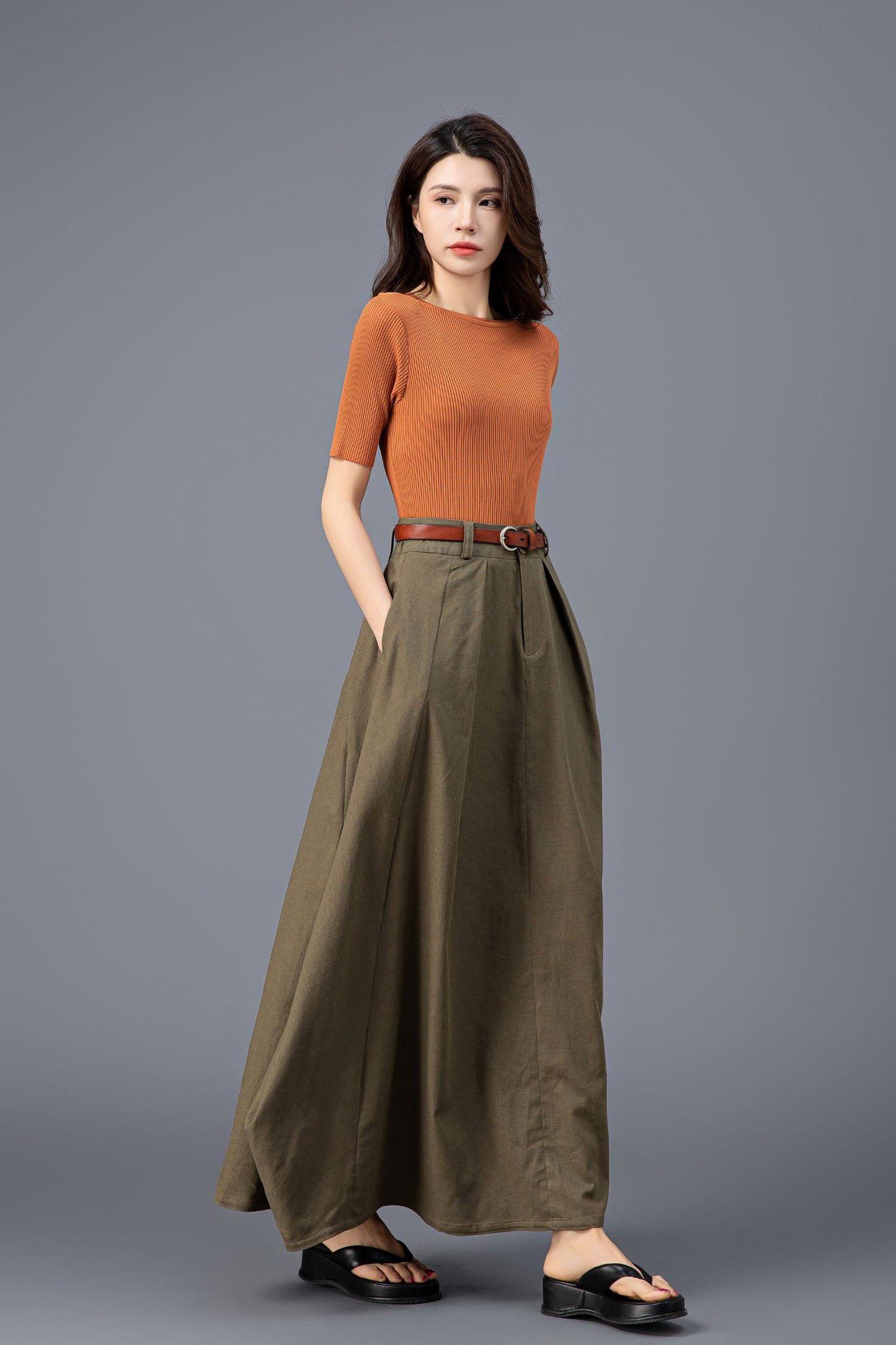 Elegant Army Green Maxi Skirt C3921