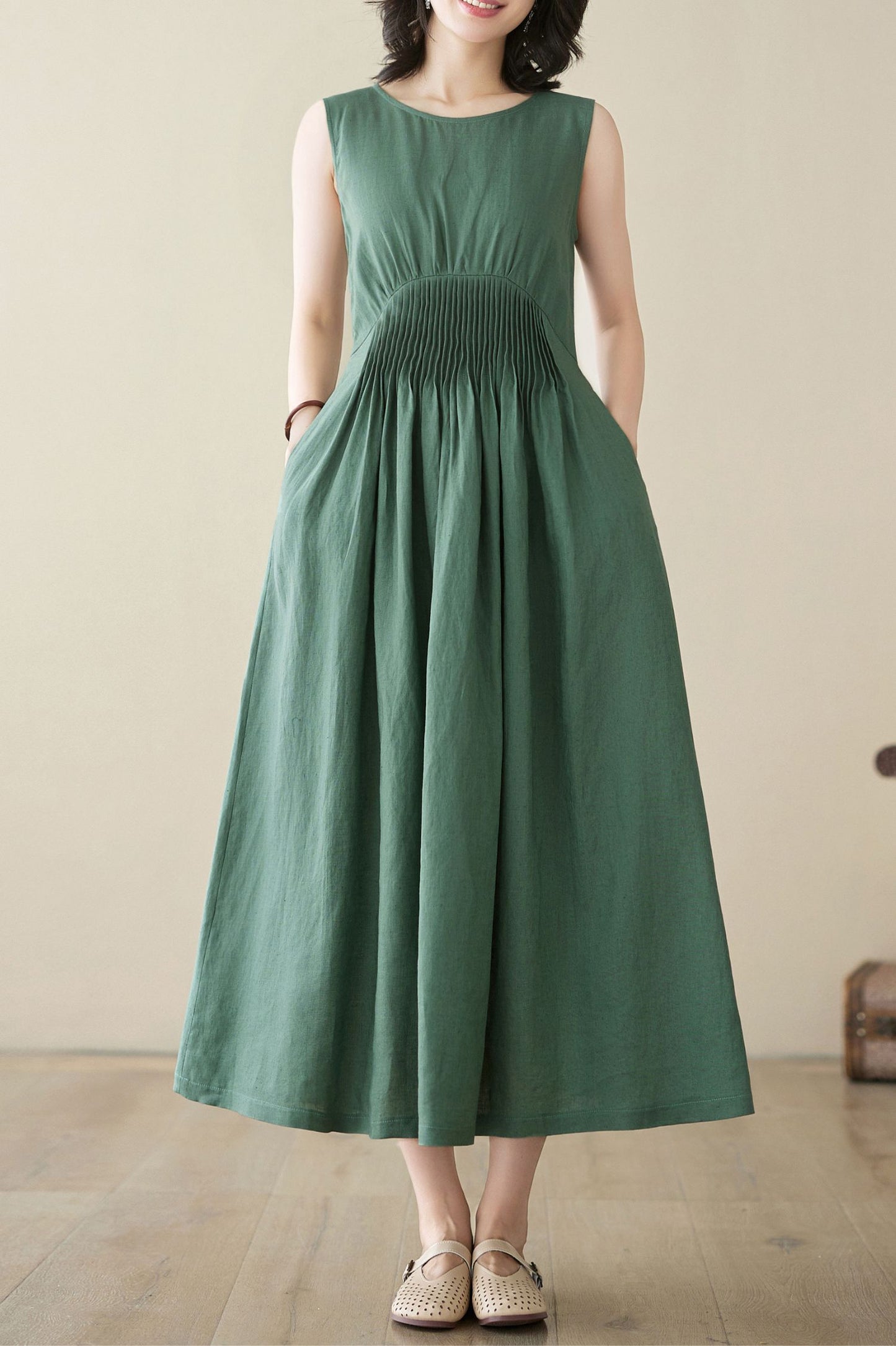 Sleeveless Green maxi linen dress C3952 - Size M(US8) #CK2400228