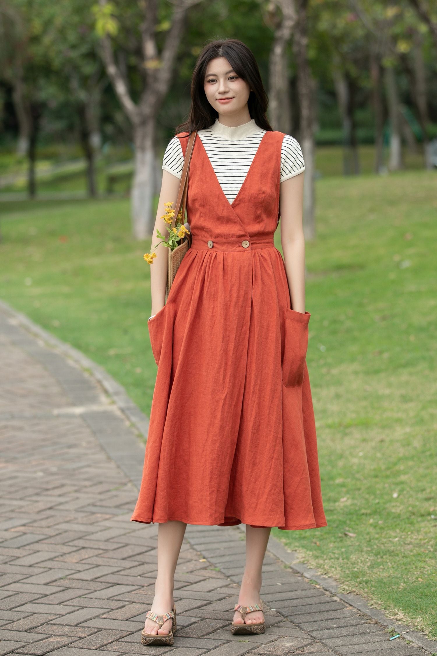 midi pinafore dress Milene Sage | Size XL available in all sizes Linen Pinafore Dress - Apron
