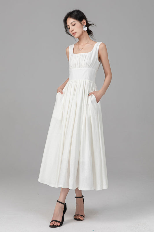 Minimal Off White Party Linen Dress:Sleeveless Square Neck A-Line Midi Dress, Ylistyle C5525