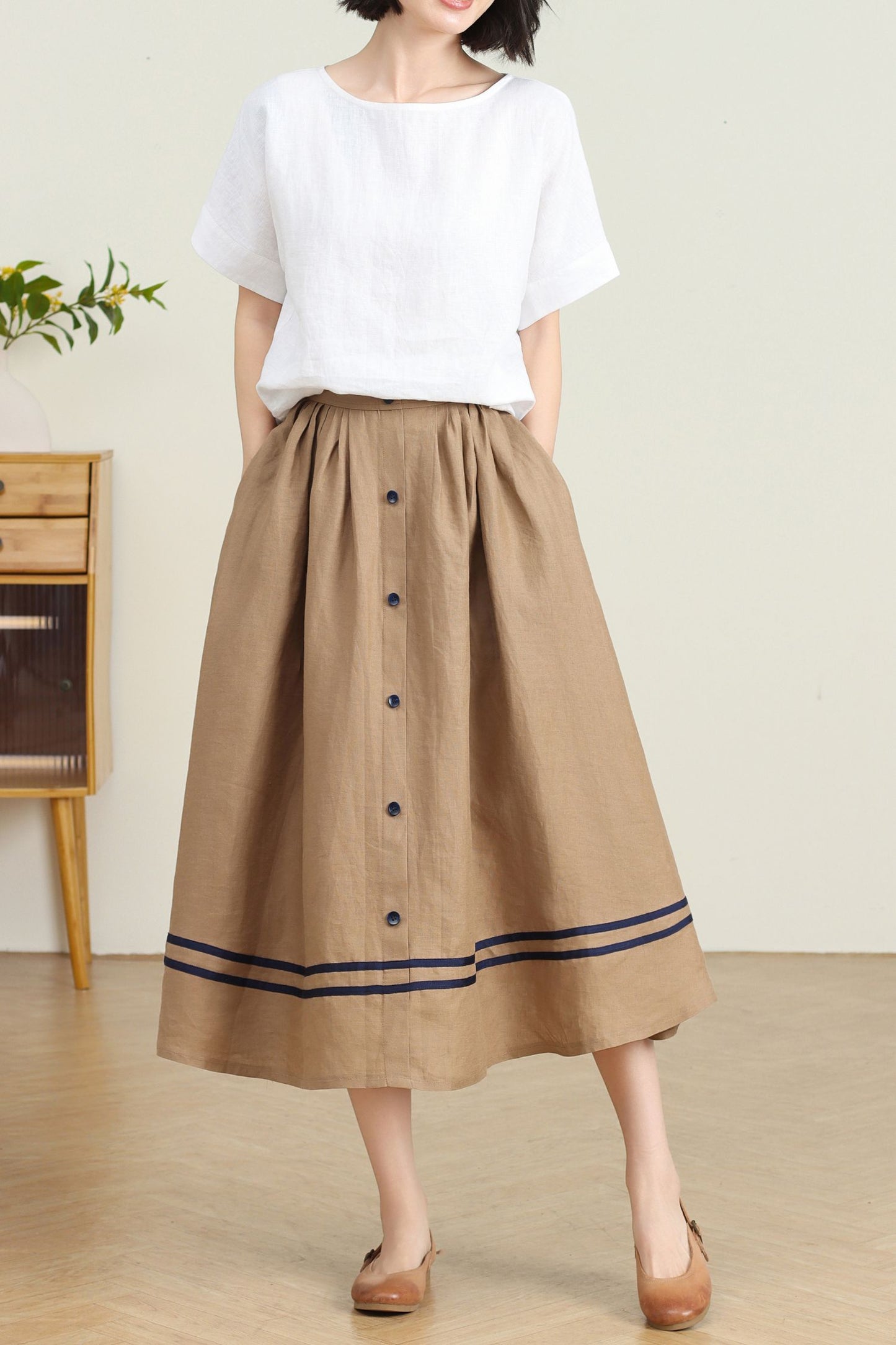 Button down swing linen Skirt C4730