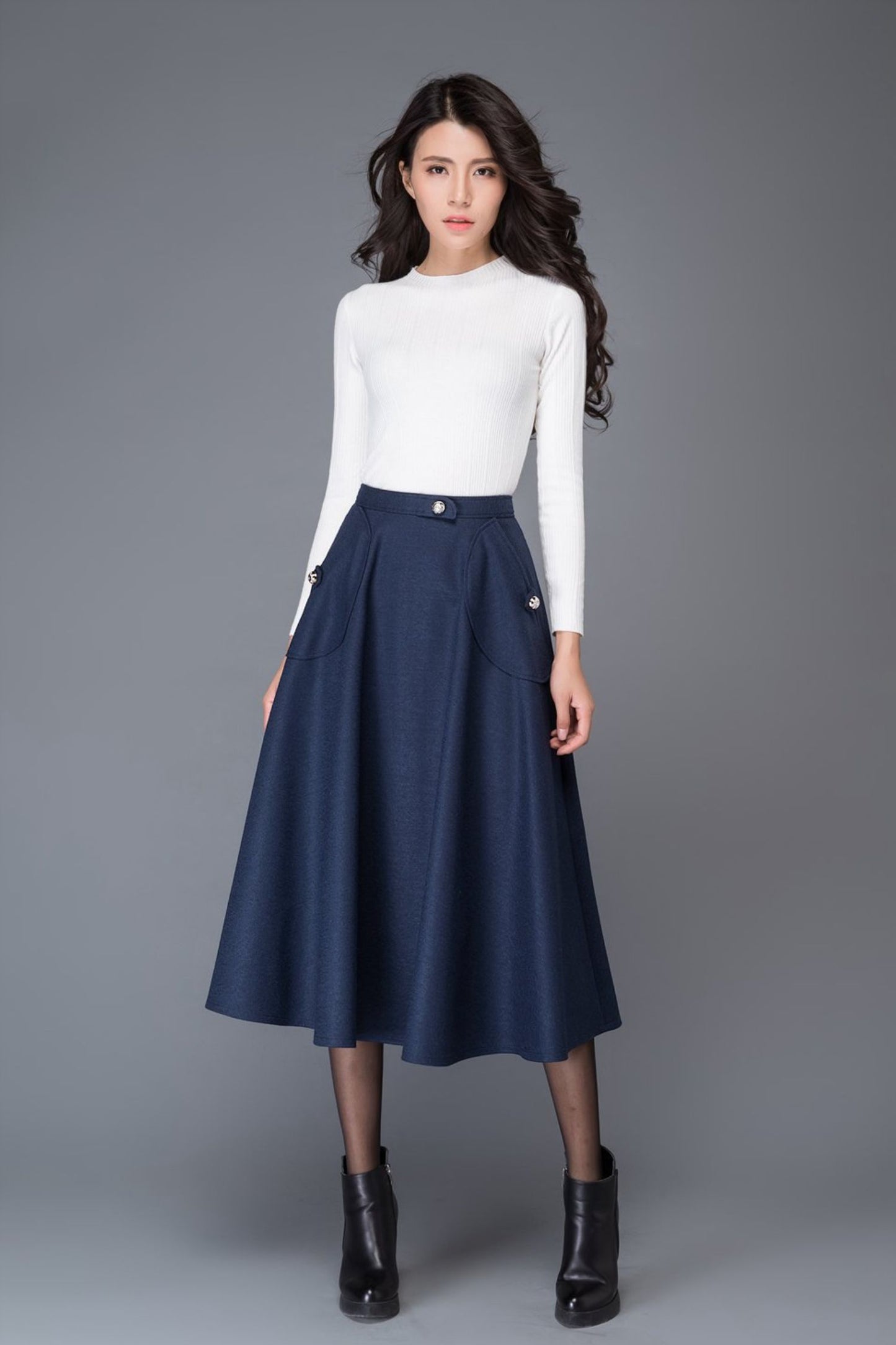 High waist blue midi winter wool skirt C1007