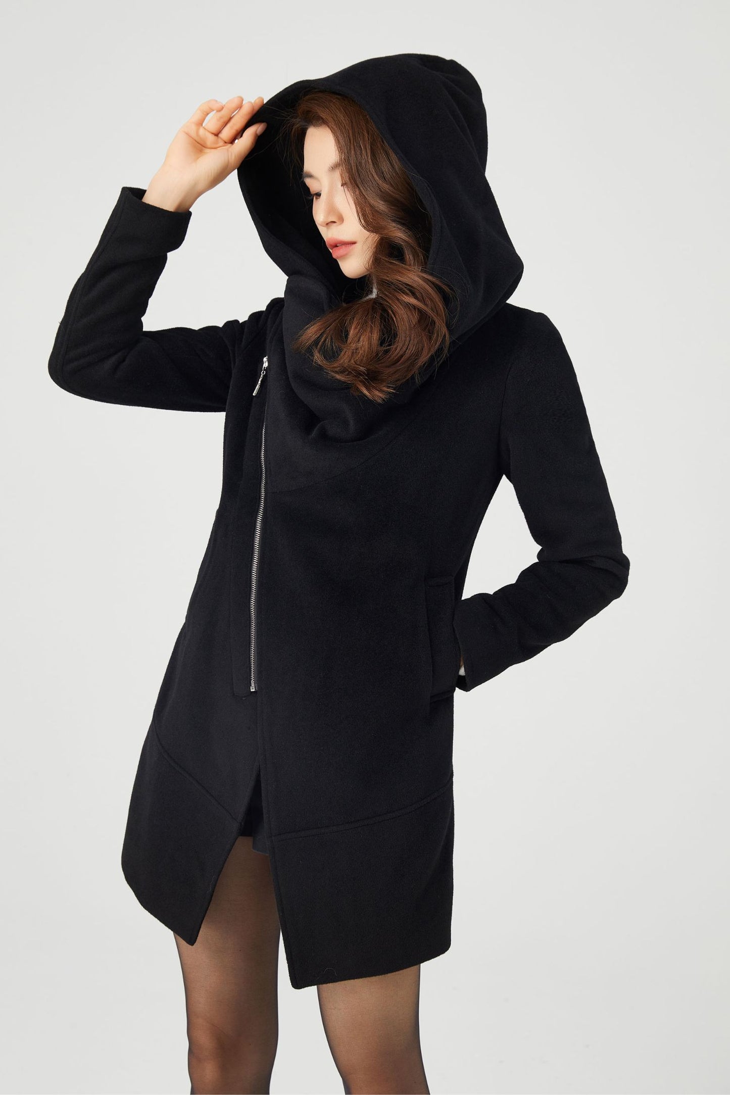Black Hooded Asymmetrical Wool Coat C3680