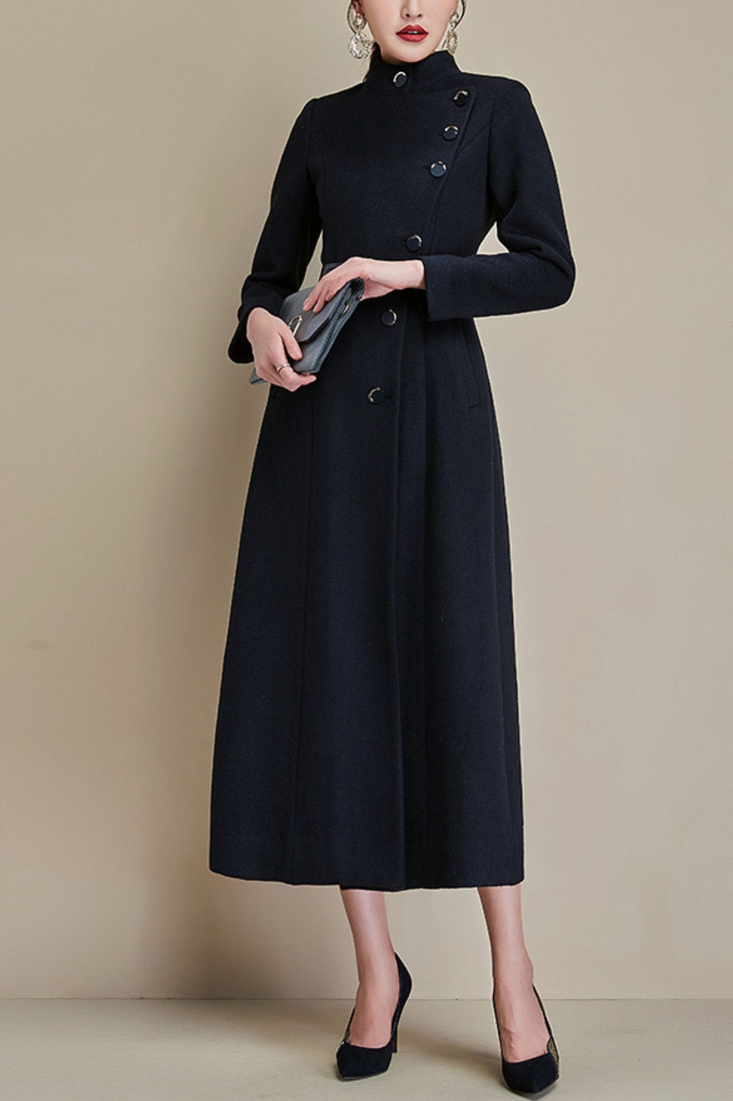 Women's Autumn and winter black wool coat C4285